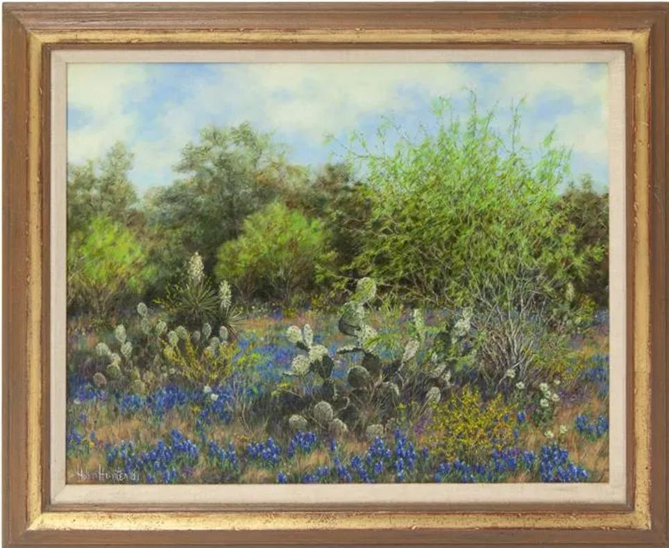 « Bluebonnet and Cactus » Helen Hunter (1920-2003) Paysage texan Wildflowers en vente 2