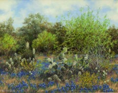 "Bluebonnet and Cactus" Helen Hunter (1920-2003) Texas Landscape Wildflowers