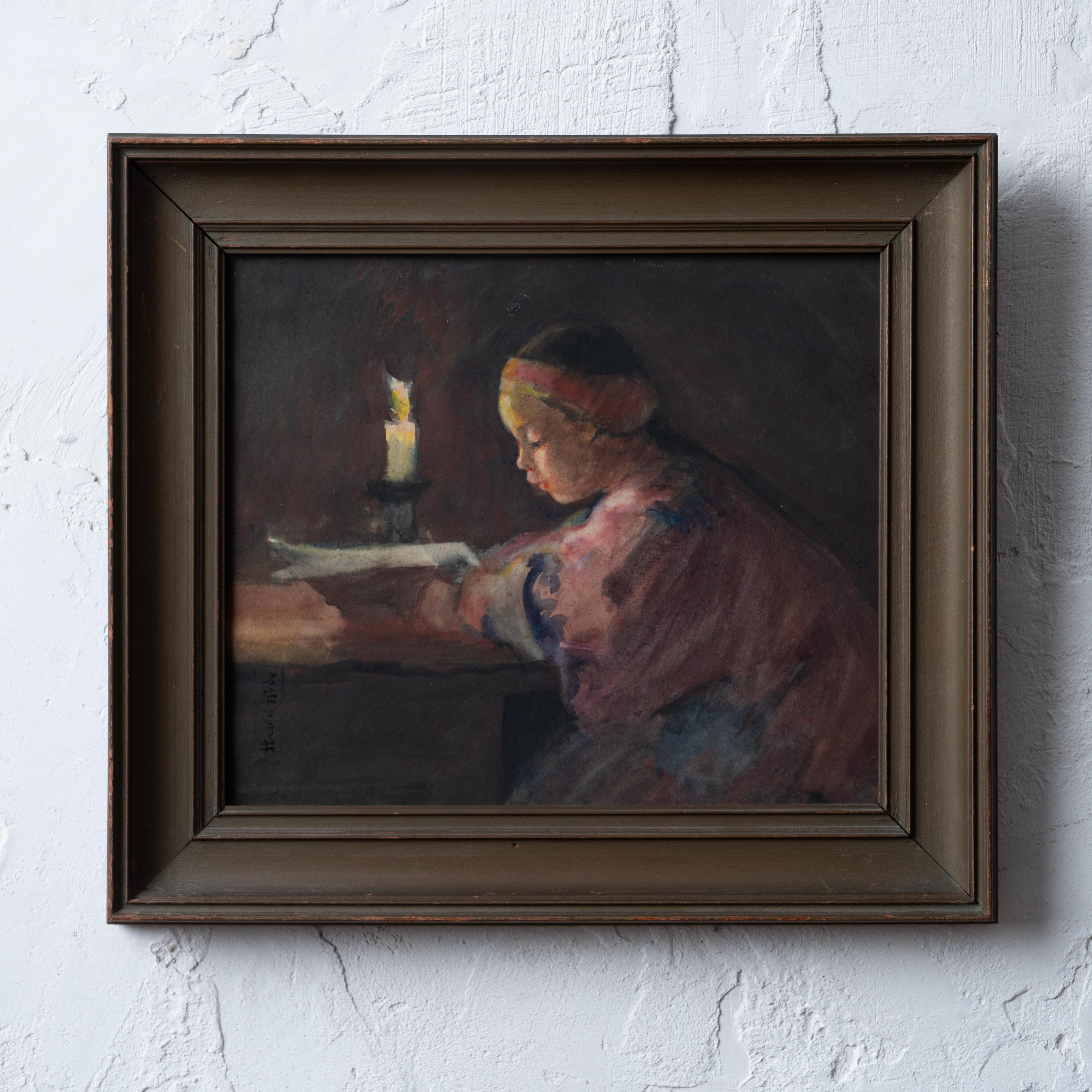 Helen Hyde
(Americano, 1868-1919)

Acquerello su carta raffigurante una ragazza che legge a lume di candela, circa 1900.

vista: 8 ½ per 7 ¼ pollici
cornice: 11 ¾ per 10 ½ pollici

