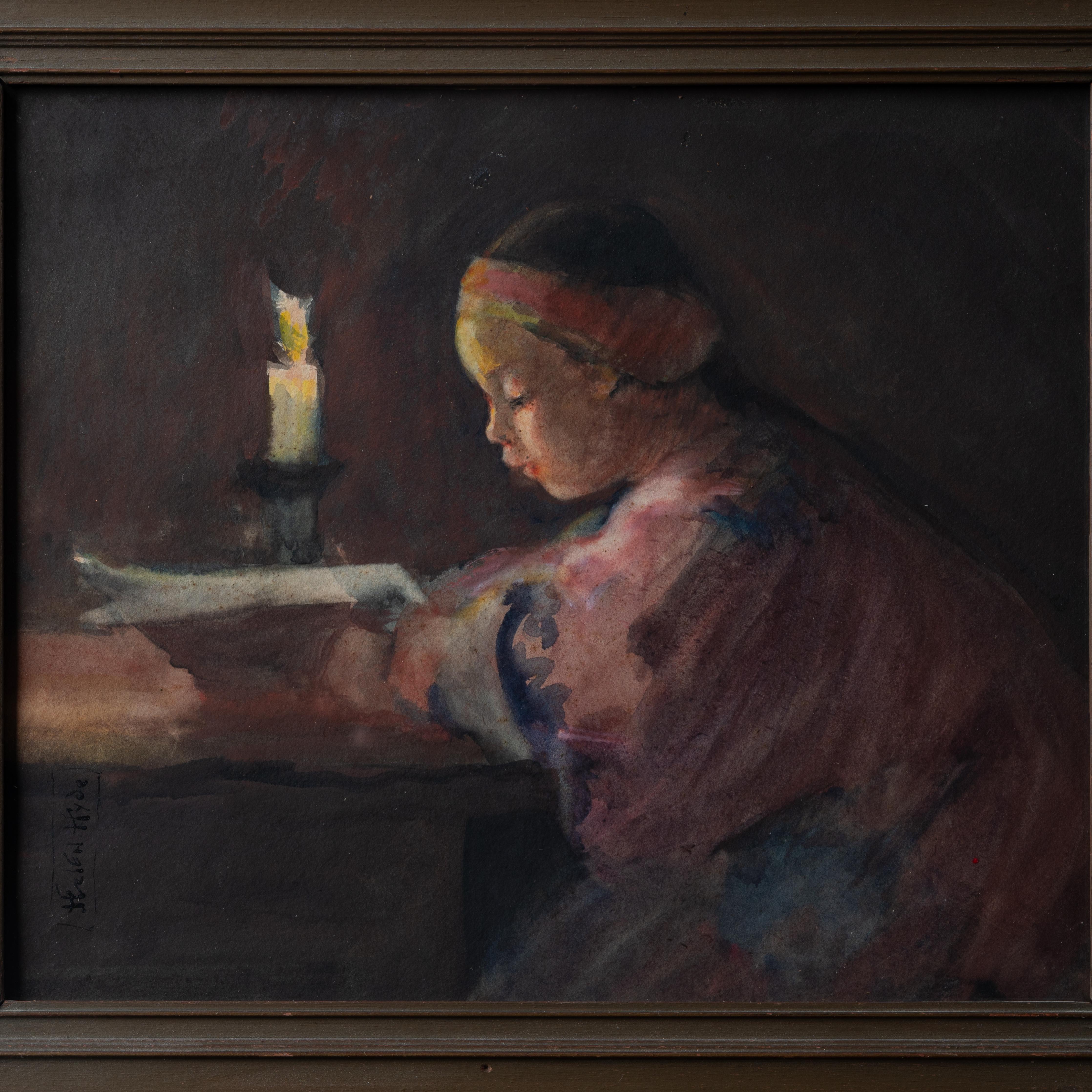 Helen Hyde - Ragazza che legge a lume di candela, acquerello giapponese, c.C. In condizioni buone in vendita a Savannah, GA