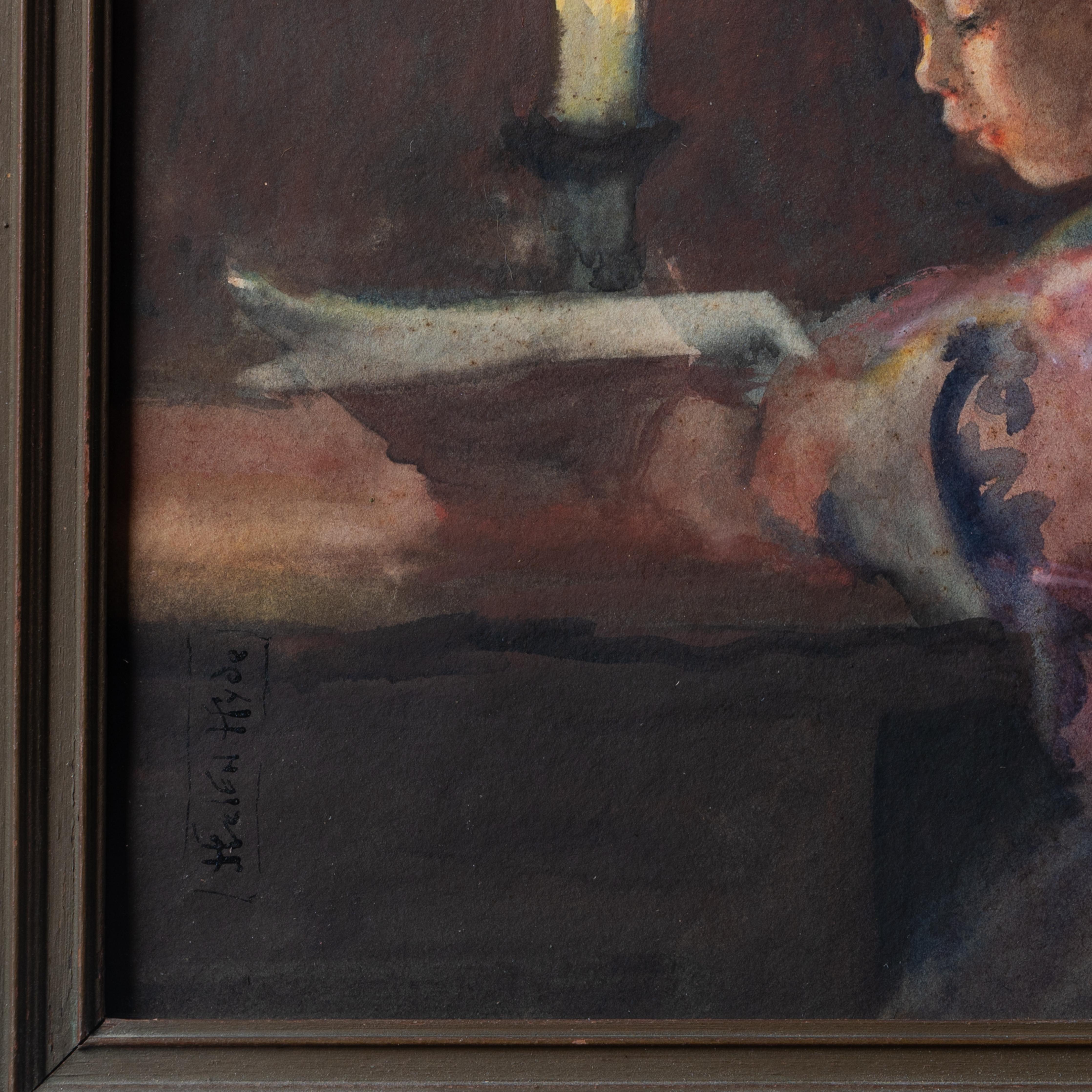Inizio XX secolo Helen Hyde - Ragazza che legge a lume di candela, acquerello giapponese, c.C. in vendita