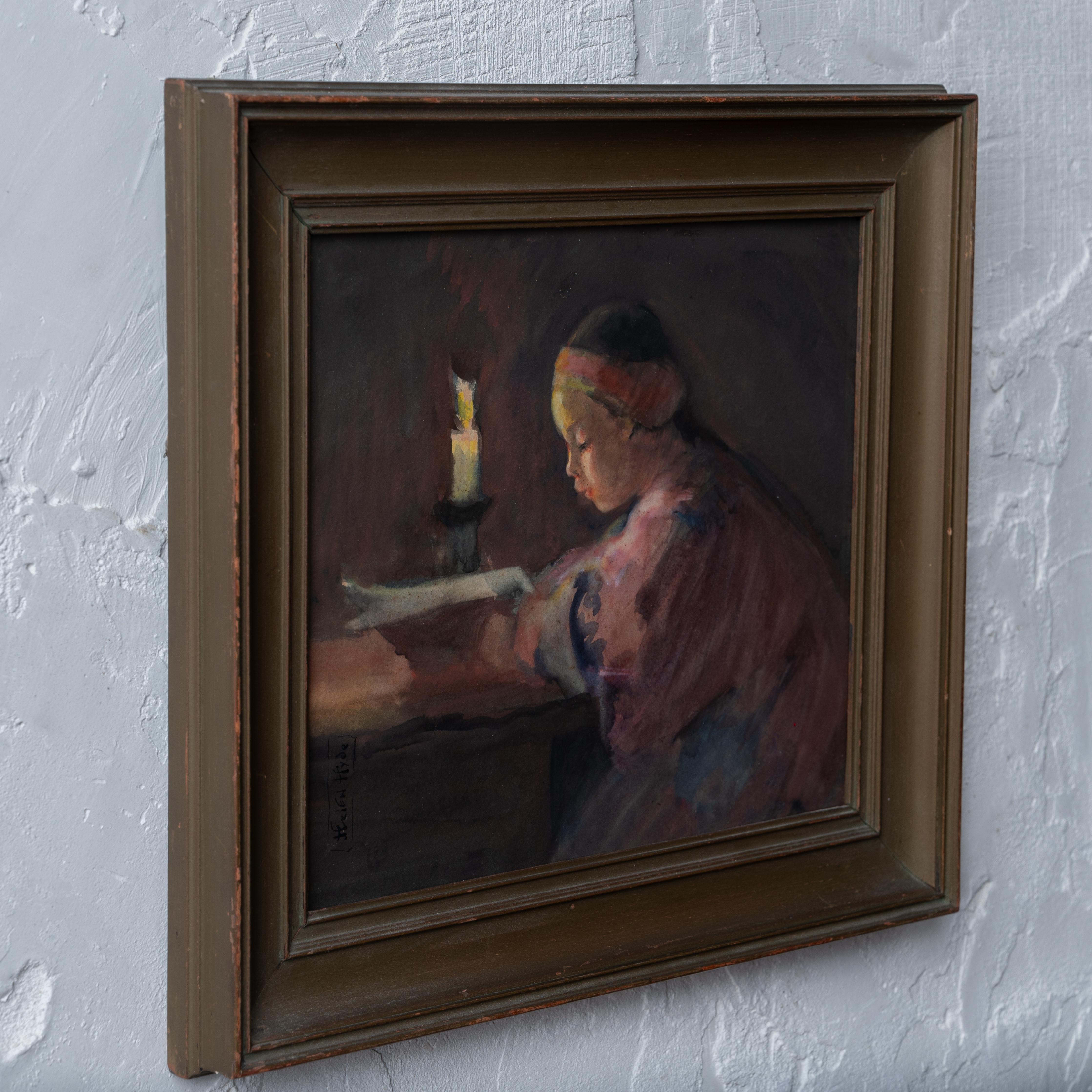 Helen Hyde - Ragazza che legge a lume di candela, acquerello giapponese, c.C. in vendita 1