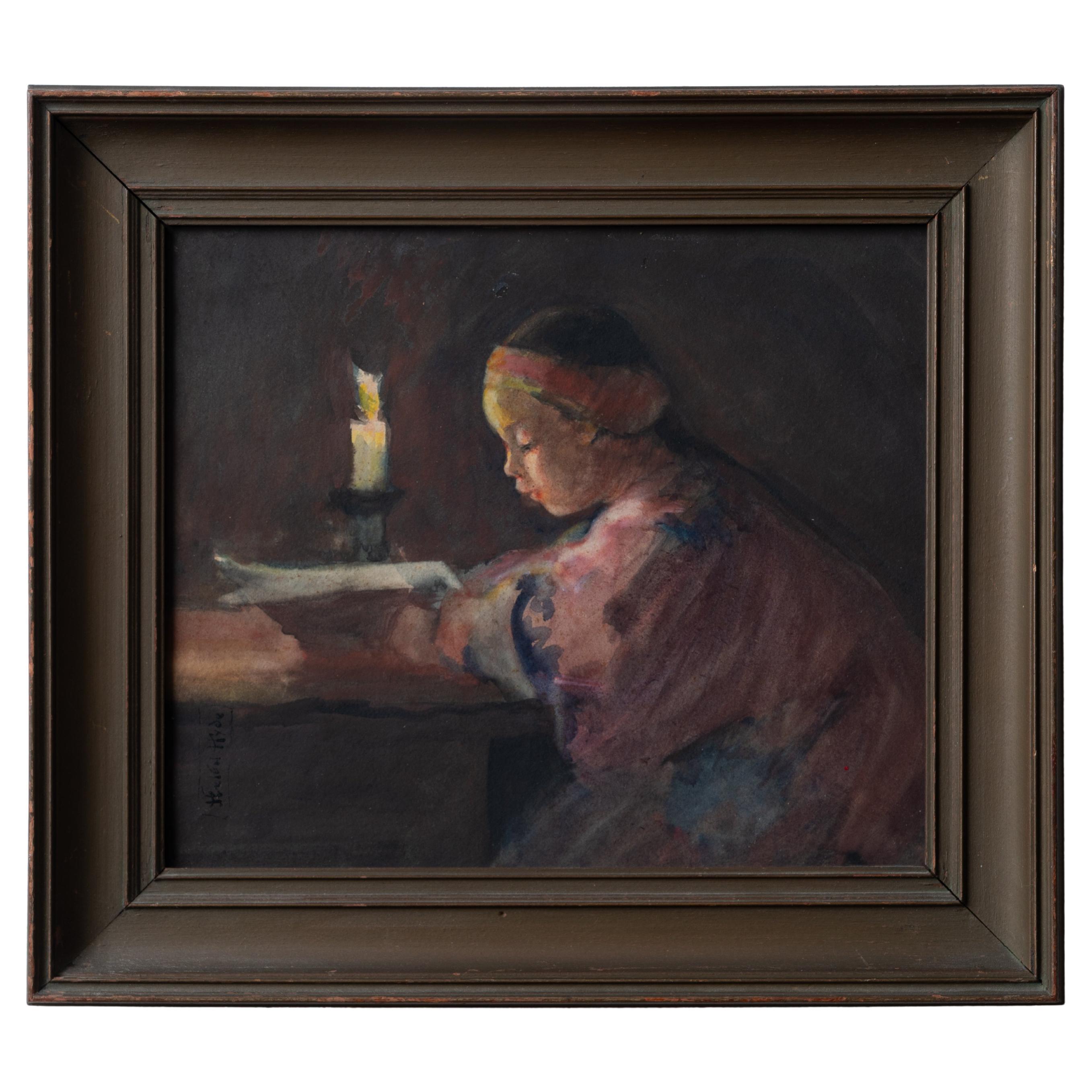 Helen Hyde - Girl Reading by Candlelight, Japanisme Watercolor, c.1900