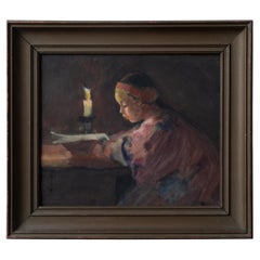 Helen Hyde - Girl Reading by Candlelight, Japanisme Watercolor, c.1900