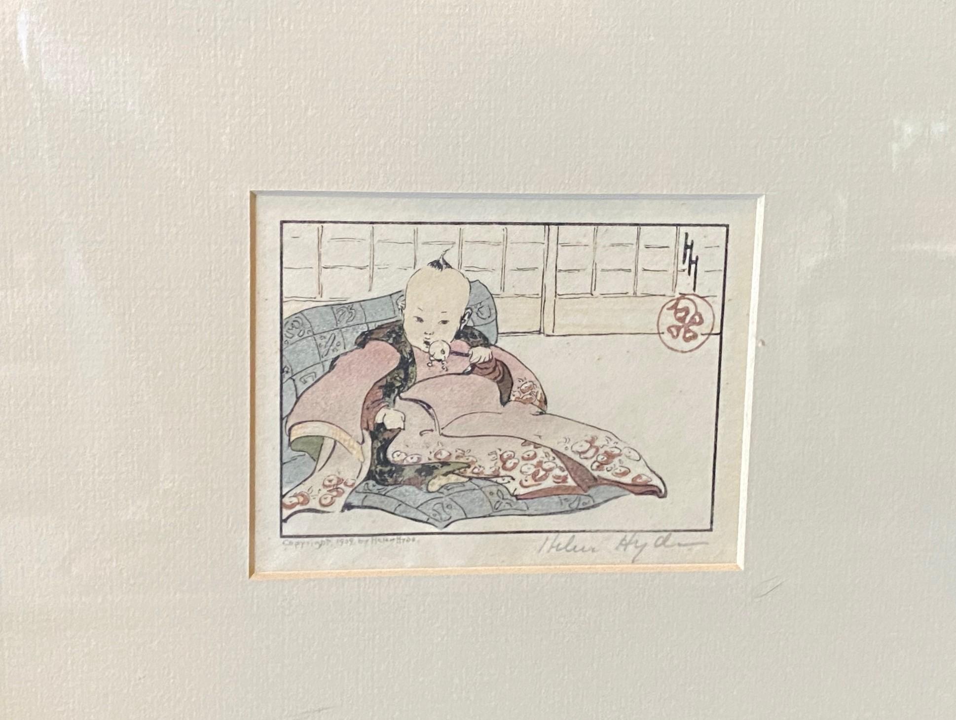 Japonais Helen Hyde Signed Japanese Meiji Era Woodblock Woodcut Print The Hired Baby 1909 (Gravure sur bois de l'ère Meiji) en vente