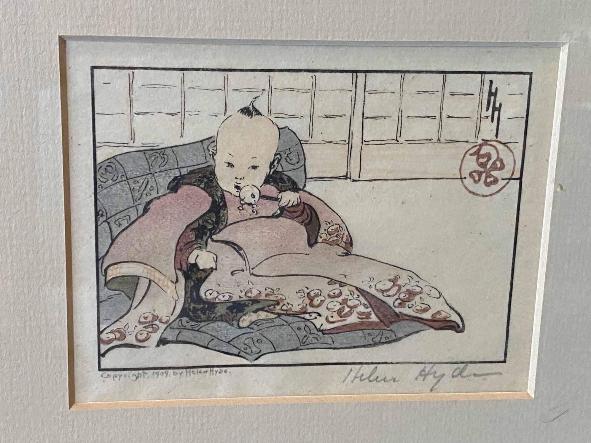 Helen Hyde Signed Japanese Meiji Era Woodblock Woodcut Print The Hired Baby 1909 (Gravure sur bois de l'ère Meiji) Bon état - En vente à Studio City, CA
