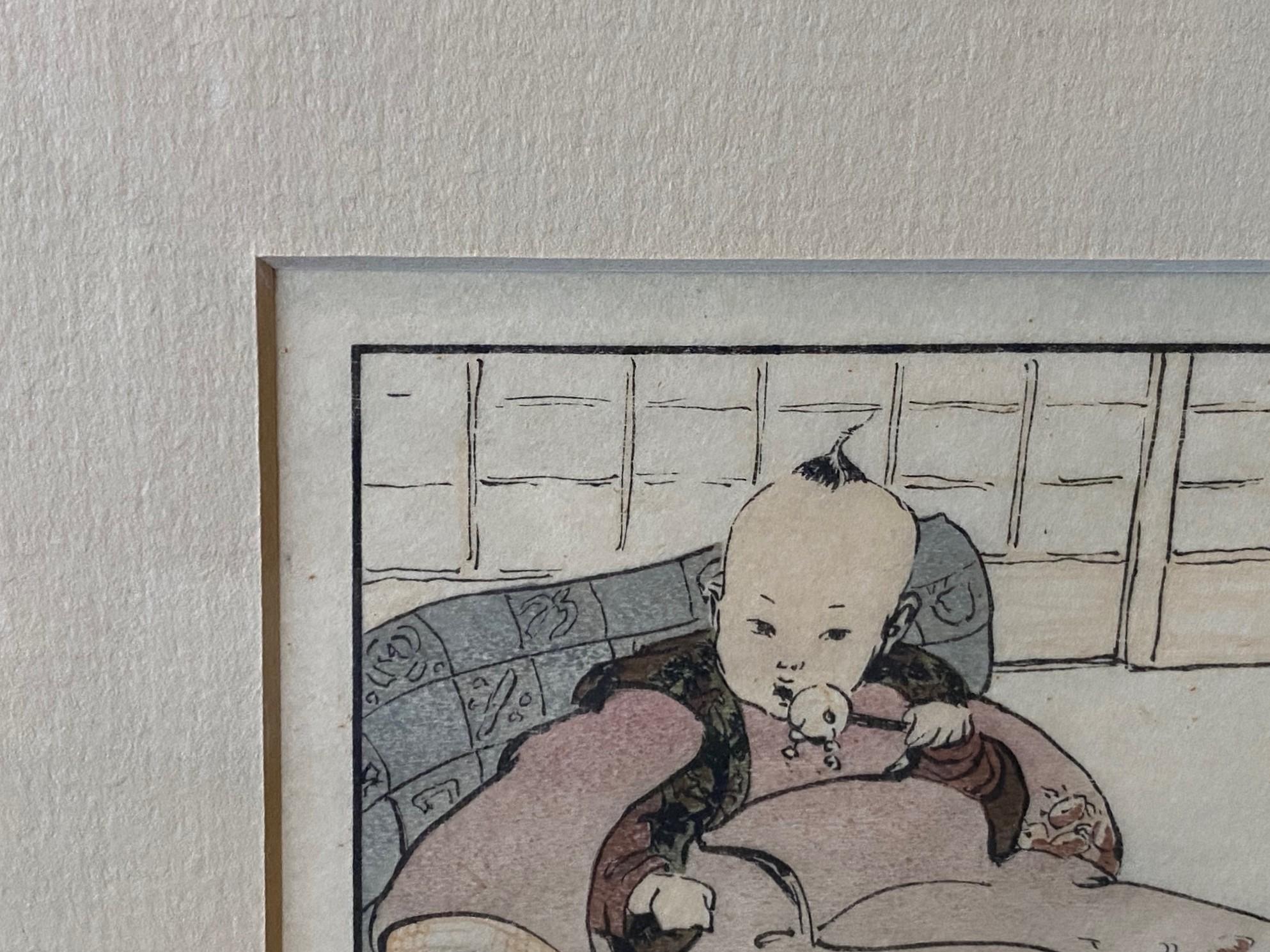 Bois Helen Hyde Signed Japanese Meiji Era Woodblock Woodcut Print The Hired Baby 1909 (Gravure sur bois de l'ère Meiji) en vente