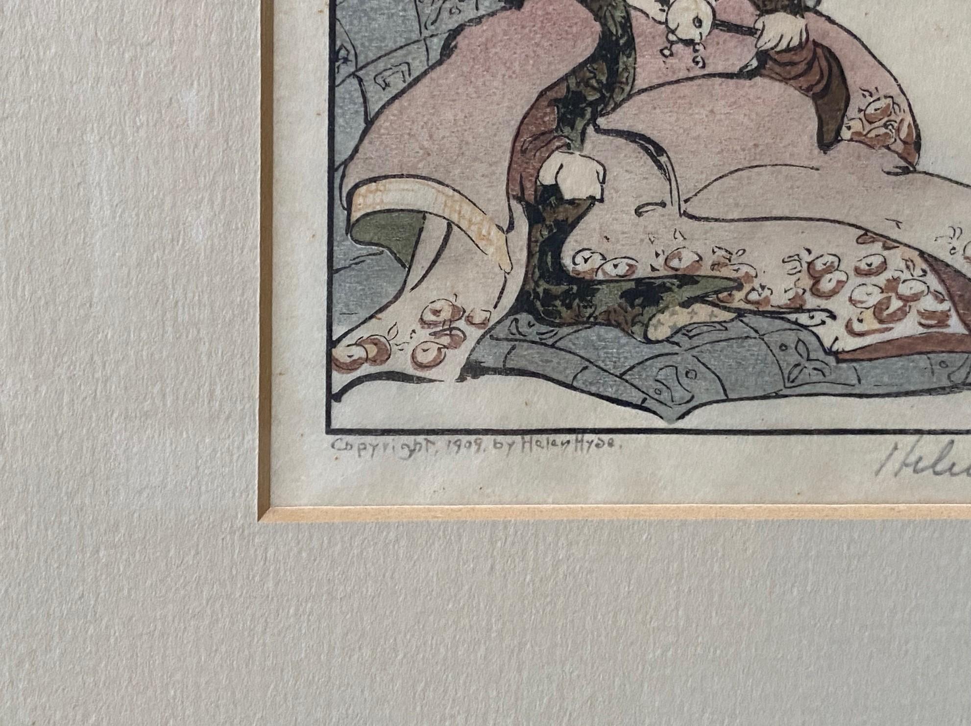 Helen Hyde Signed Japanese Meiji Era Woodblock Woodcut Print The Hired Baby 1909 (Gravure sur bois de l'ère Meiji) en vente 3