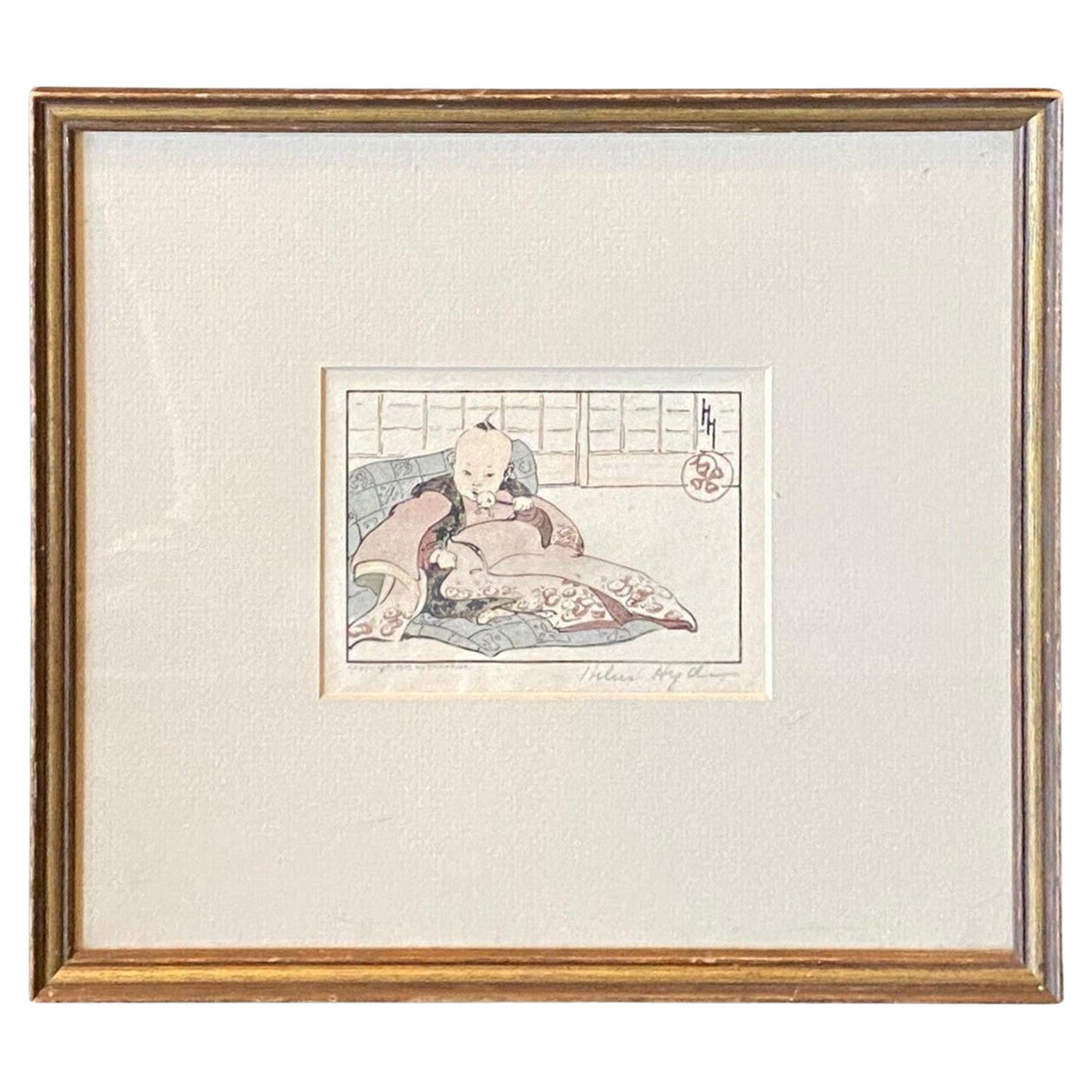 Helen Hyde Signed Japanese Meiji Era Woodblock Woodcut Print The Hired Baby 1909 (Gravure sur bois de l
ère Meiji) en vente