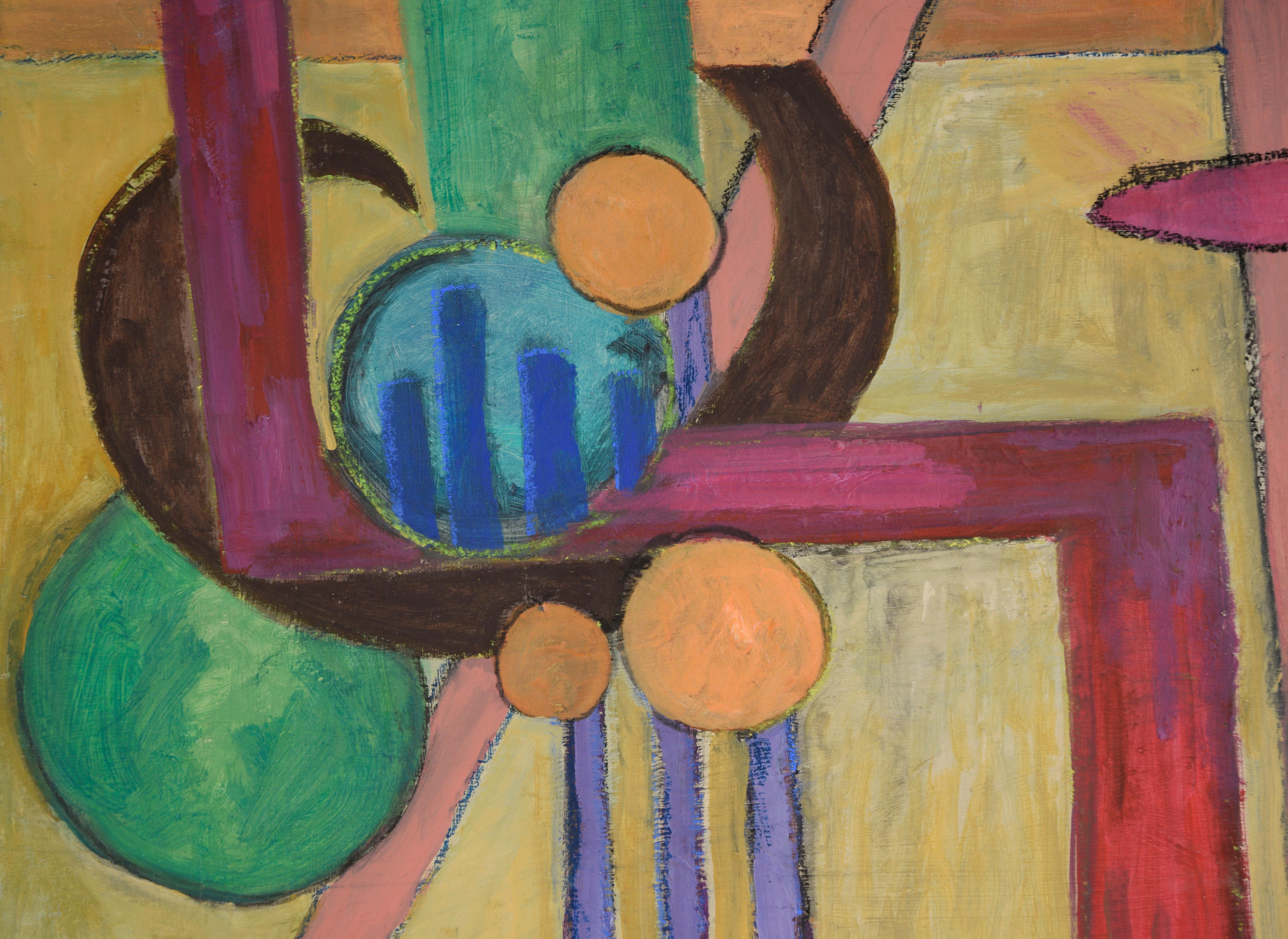 Astratto geometrico colorato - Olio originale su tela del 1969 - Painting di Helen Konkoff