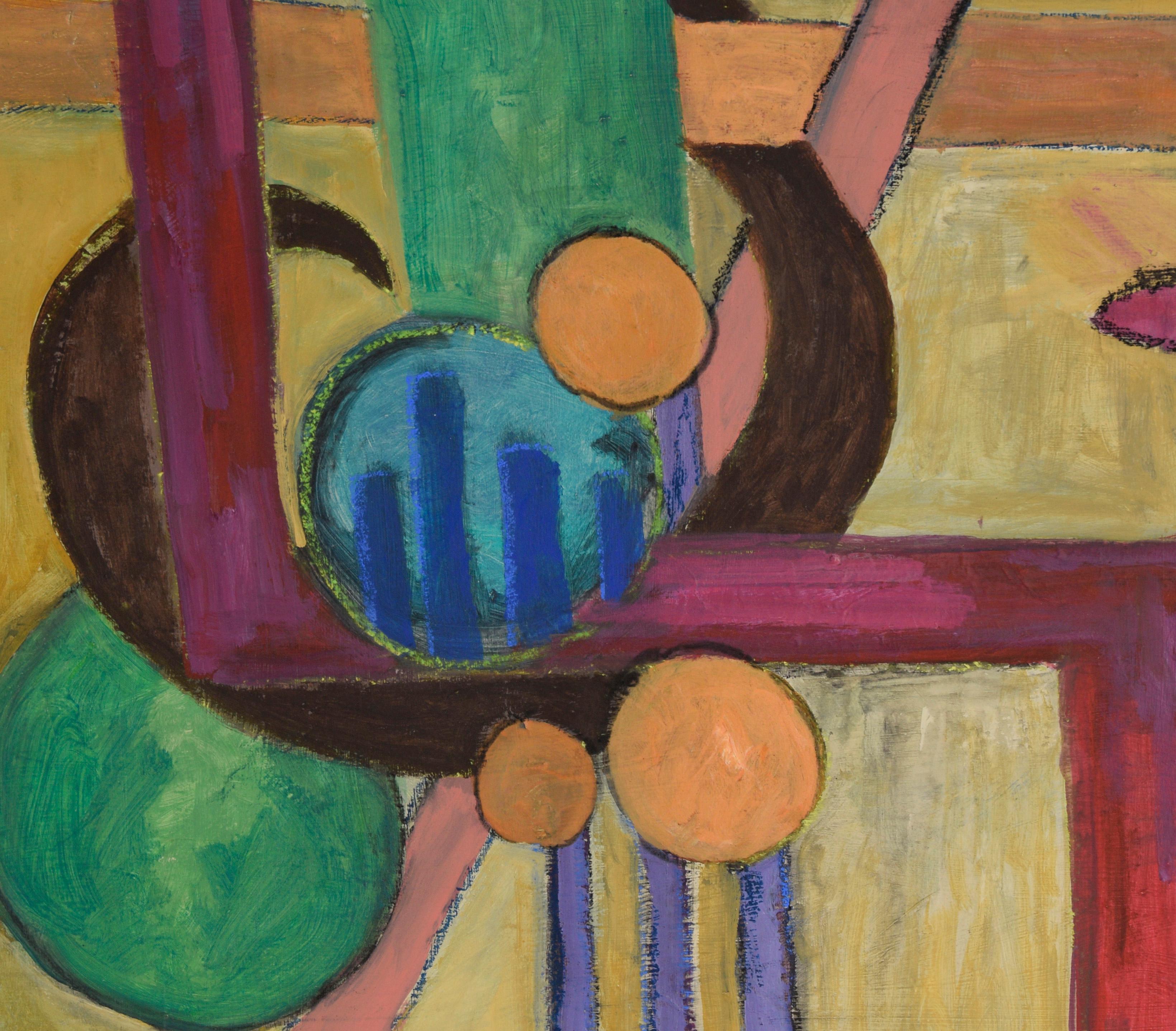 Astratto geometrico colorato - Olio originale su tela del 1969 - Abstract Painting Marrone di Helen Konkoff