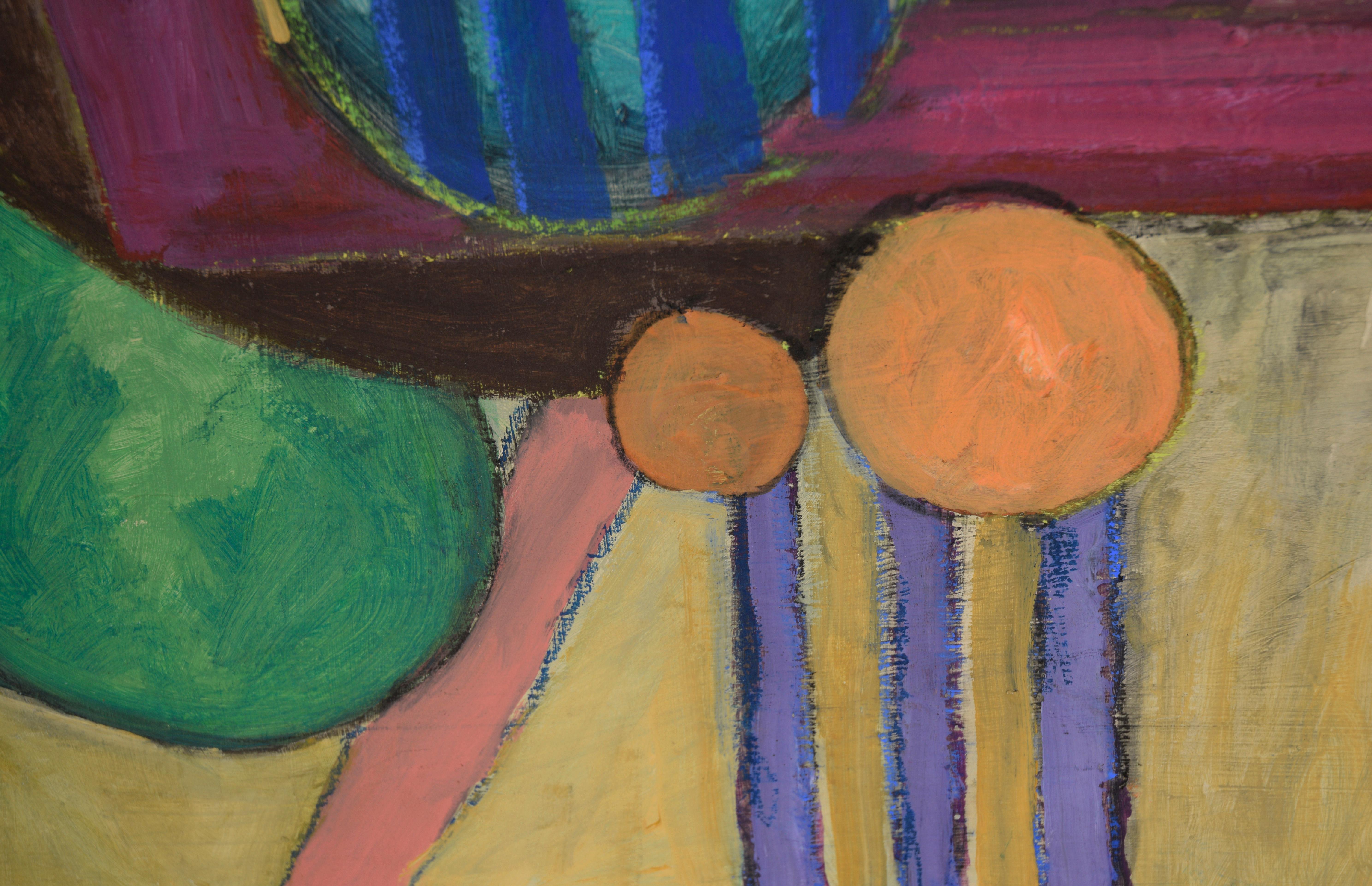 Astratto geometrico colorato - Olio originale su tela del 1969

Ricco dipinto astratto a olio del 1969 dell'artista della Bay Area Helen Konkoff (americana, 1912-1988). Forme geometriche composte da tonalità di verde, viola, arancione e blu
