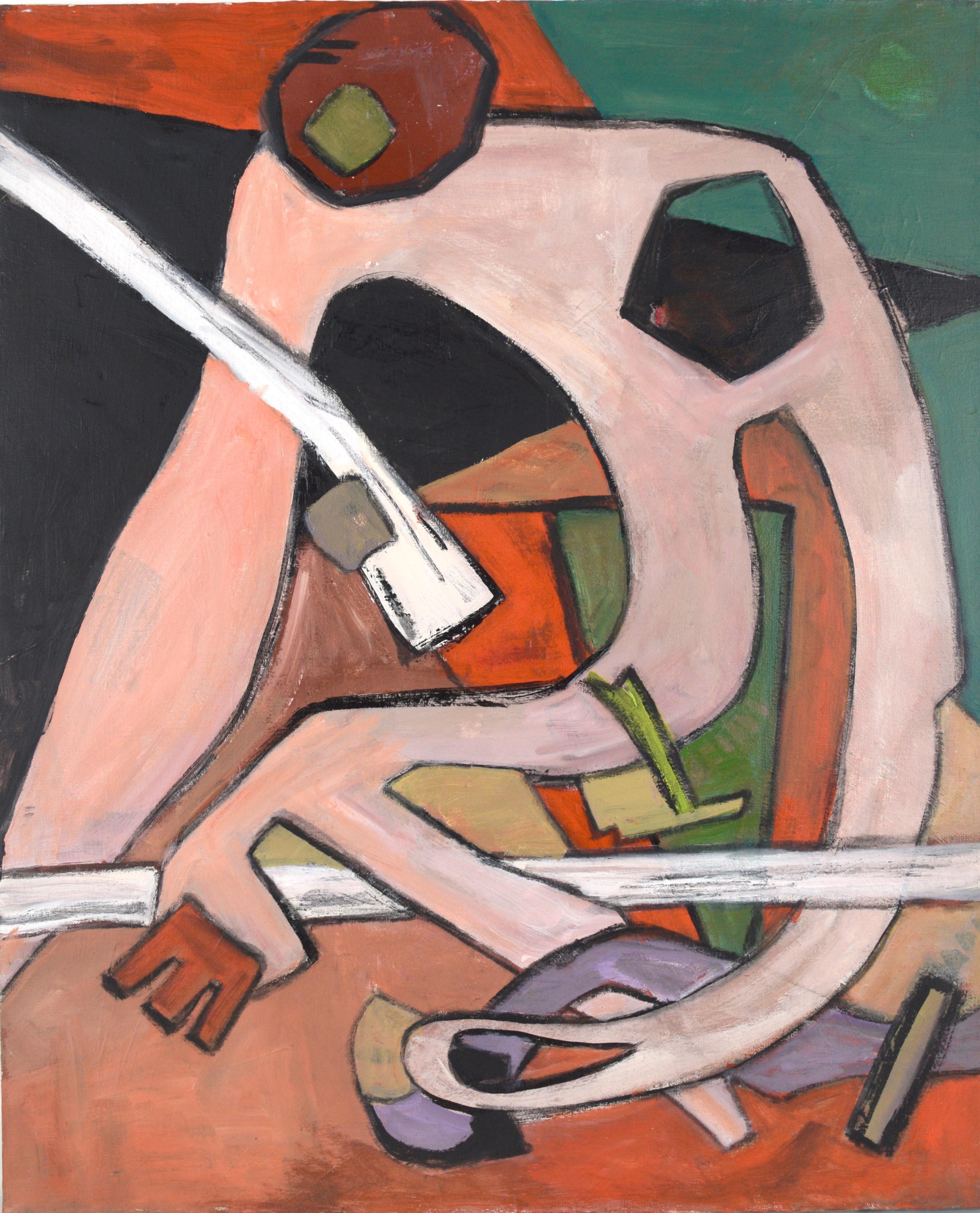 Figurative Painting di Helen Konkoff - Figure in Orange and Green- Mid Century Abstract Geometric Composition