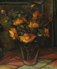 Modern American Still Life Oil Painting Flowers Pitcher Mid Century Female