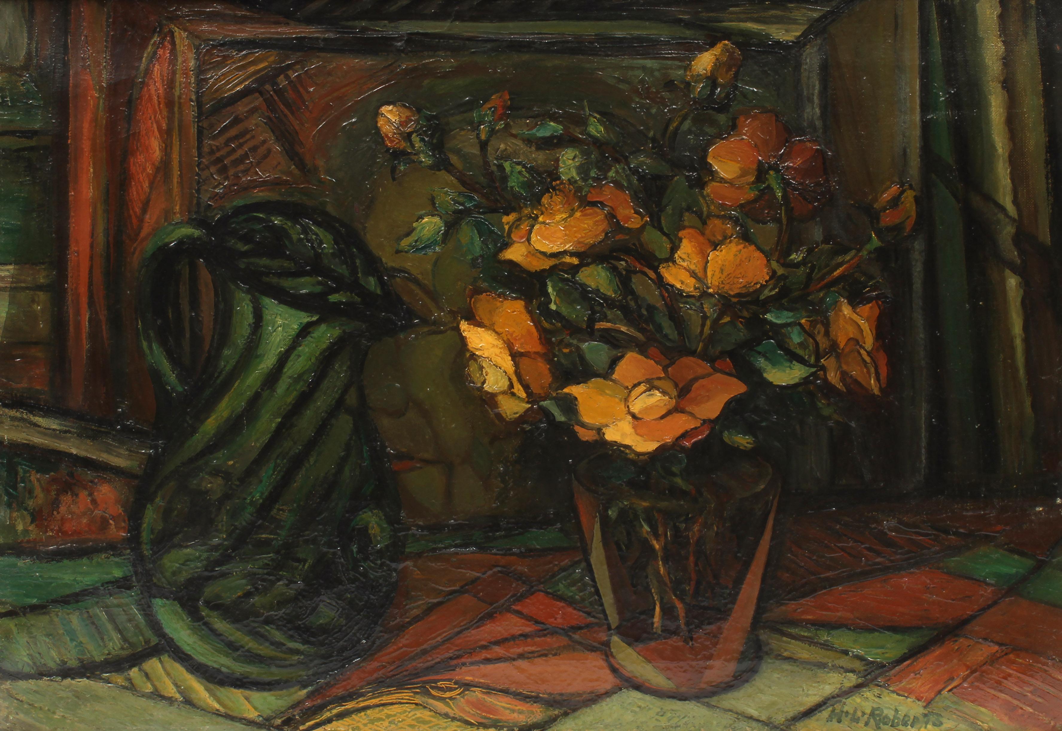 Natura morta americana moderna dipinta ad olio Fiori Brocca Metà secolo Femmina - Still-Life Painting Nero di Helen L. Roberts