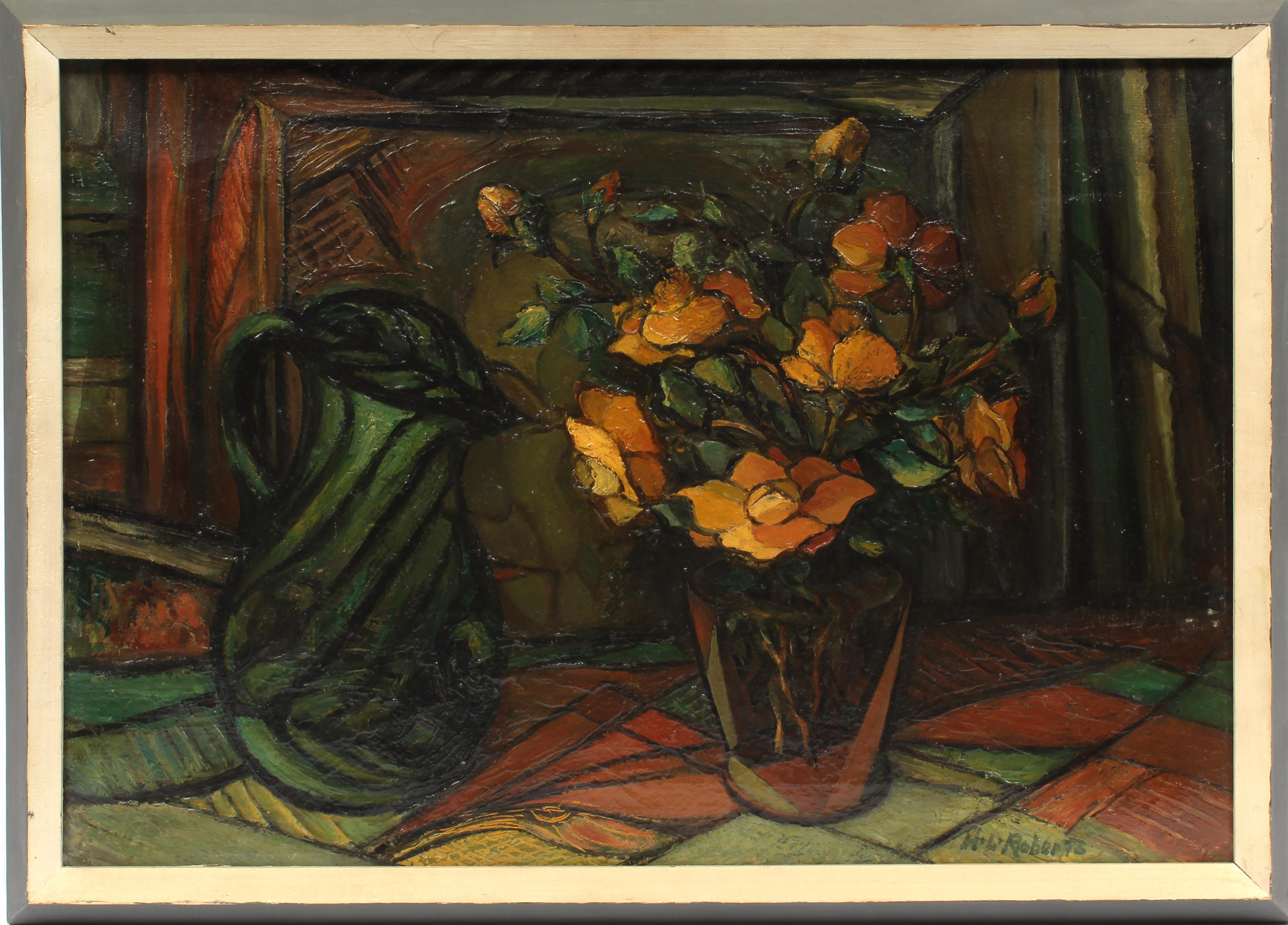 Un dipinto a olio della metà del secolo scorso dell'artista Helen L. Roberts.

Questo dipinto raffigura una scena d'interni con un vaso di fiori e una brocca decorativa.

Custodita nella sua cornice d'epoca originale, la presentazione risplende