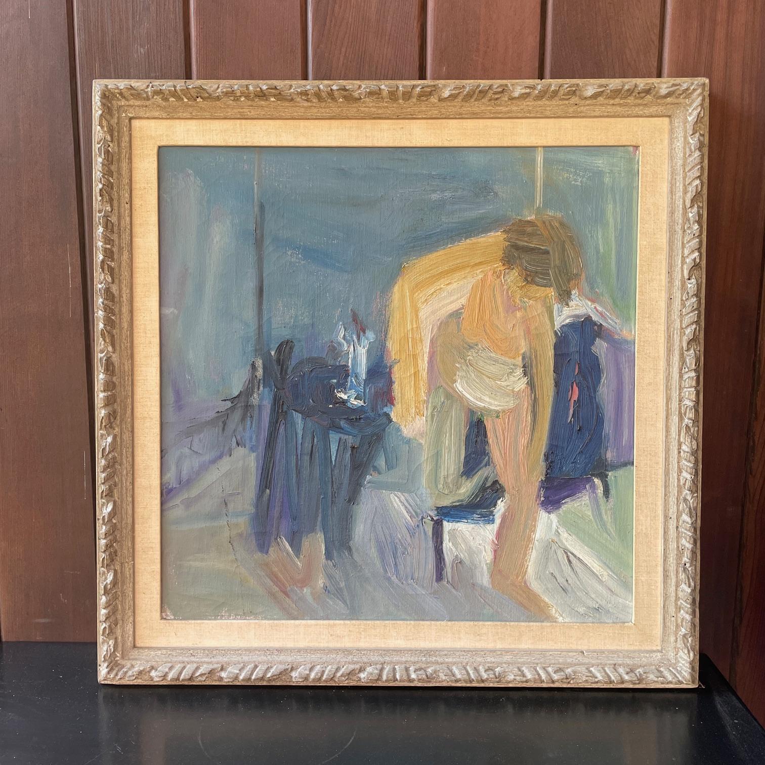 Landgarten, signed on verso.

Estate fresh. Beautiful calming painting.  Unrestored, and in Fair/Poor vintage condition, no rips, no holes, but a dark scuff streak on left side, and some textural cracking underneath top layer of paint, and some top