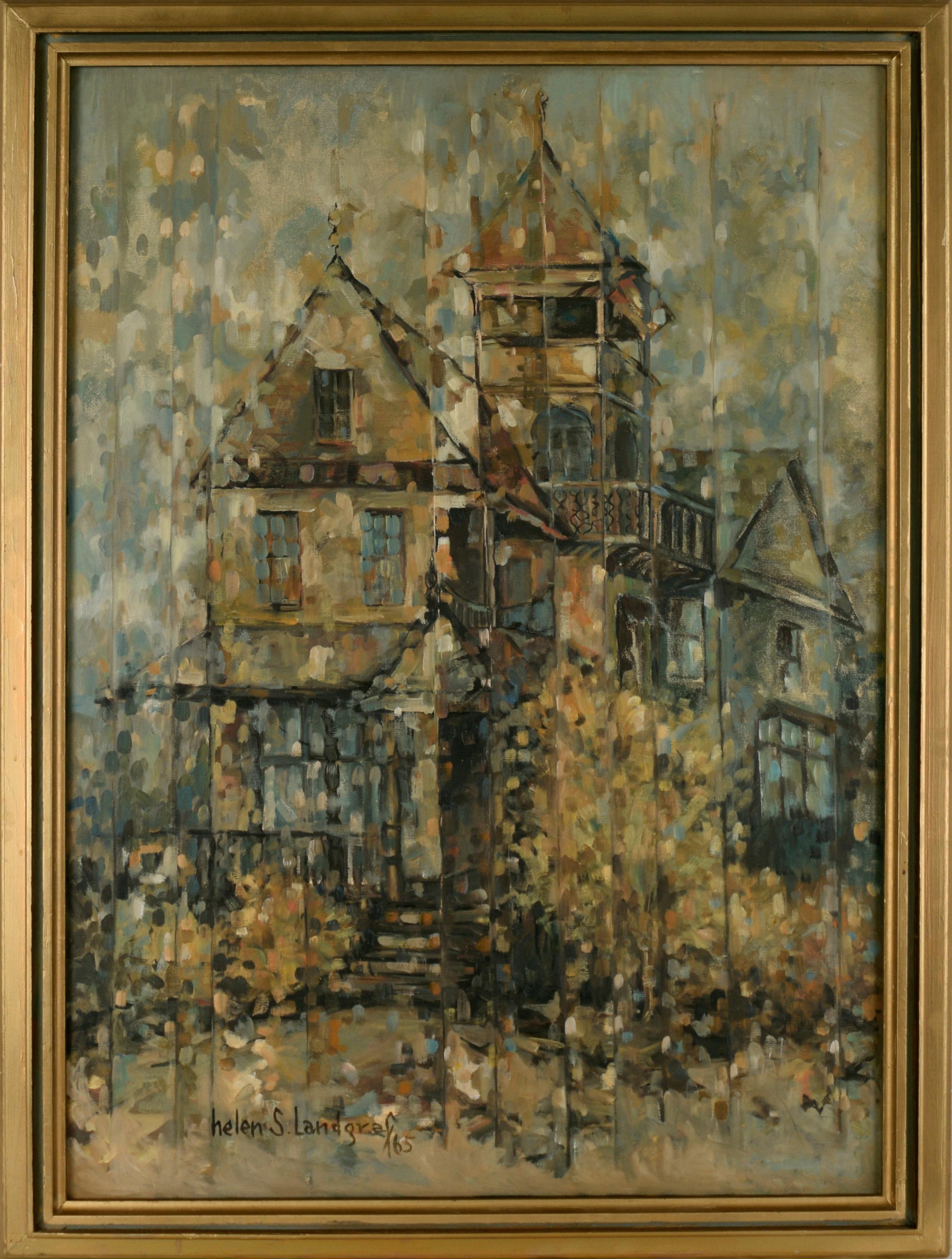 "The Victorian Sentinel" - Mid-Century Architectural Landscape in Oil on Canvas