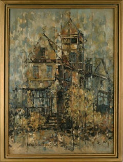 "The Victorian Sentinel" - Mid-Century Architectural Landscape in Oil on Canvas