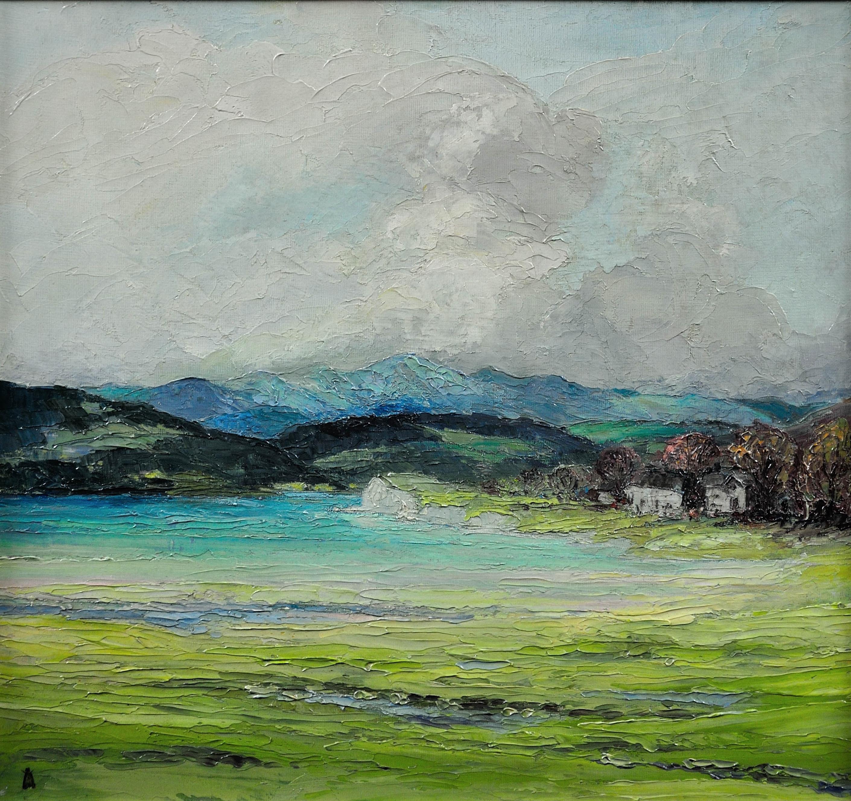 Gerahmte Landschaft im Lake District Impasto, Ölgemälde, Fluss Leventuary, Impasto – Painting von Helen Layfield Bradley