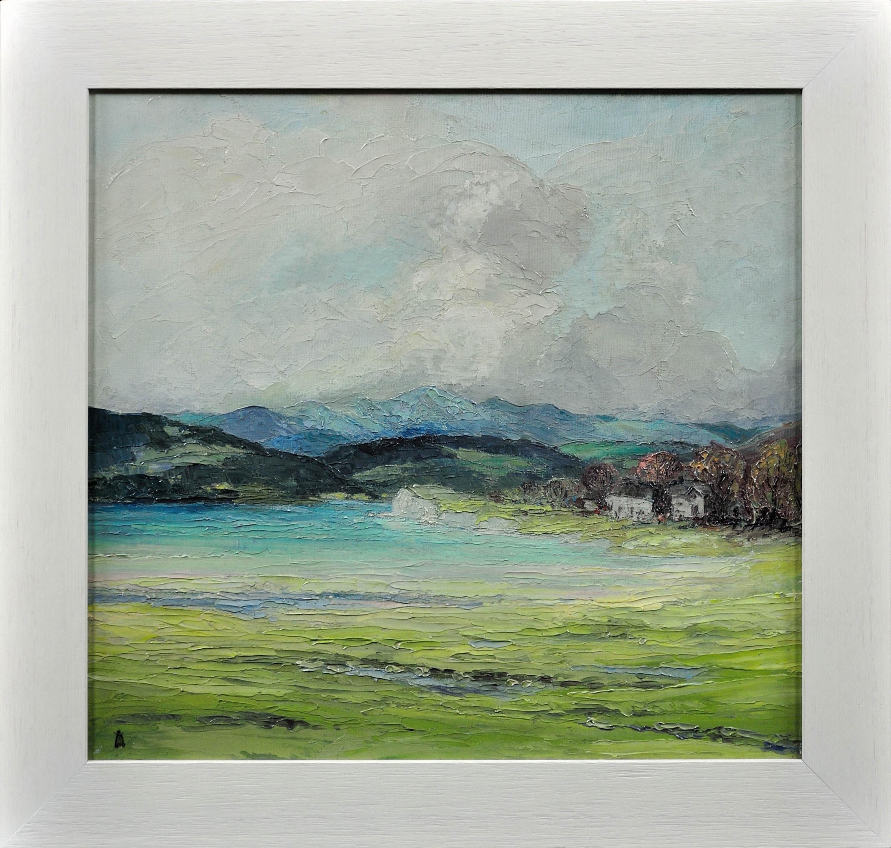 Helen Layfield Bradley. 
English ( b.1900 - d.1979 ).
Sunshine & Shadows Across the Leven Estuary, Lake District, 1965.
Oil on Board. Signed.
Image size 15.9 inches x 16.9 inches ( 40.5cm x 43cm ).
Frame size 20.1 inches x 21.3 inches ( 51cm x 54cm