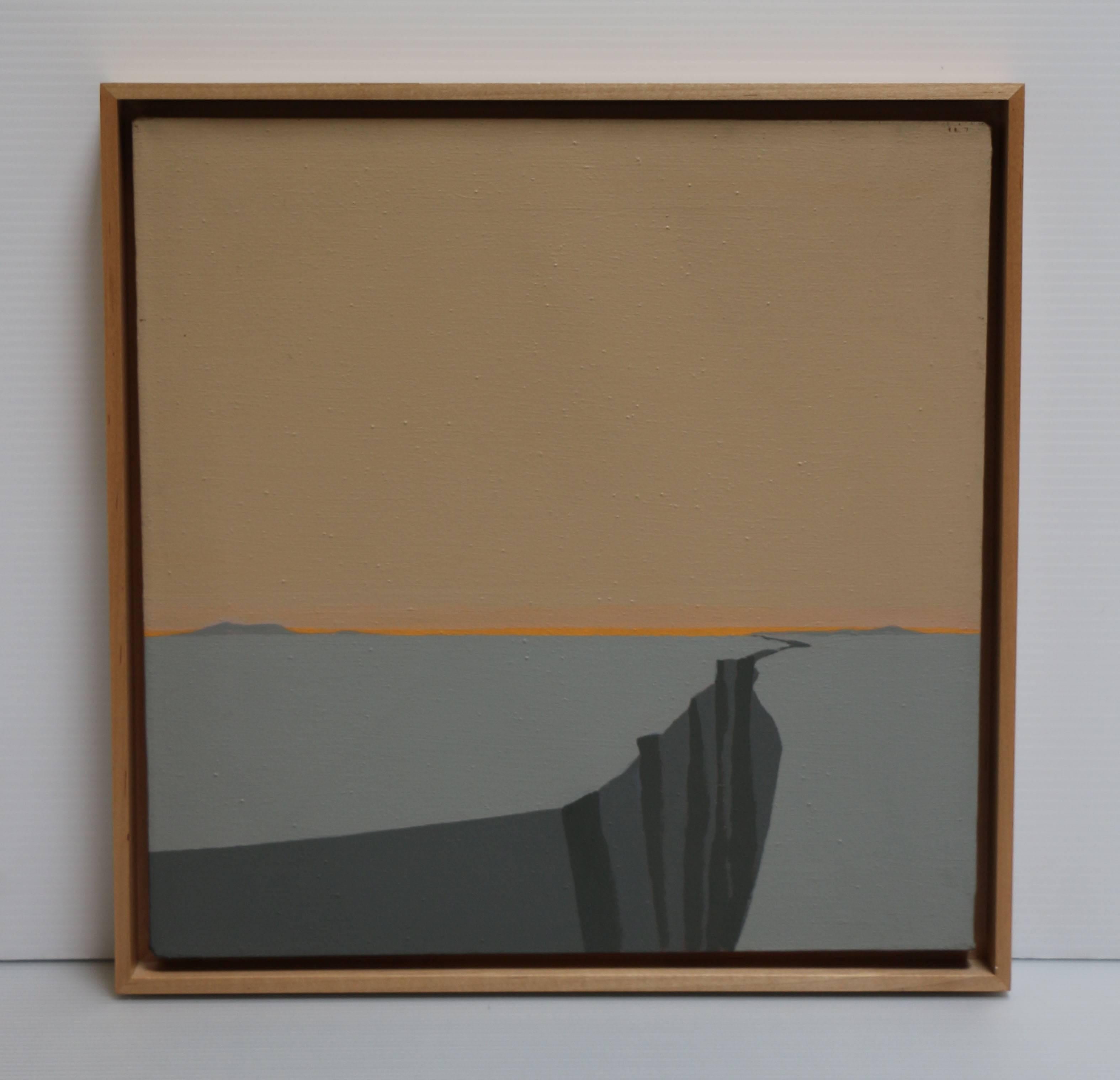 Untitled (Cleft), abstract landscape of cleft with orange sky and grey ground  - Painting by Helen Lundeberg