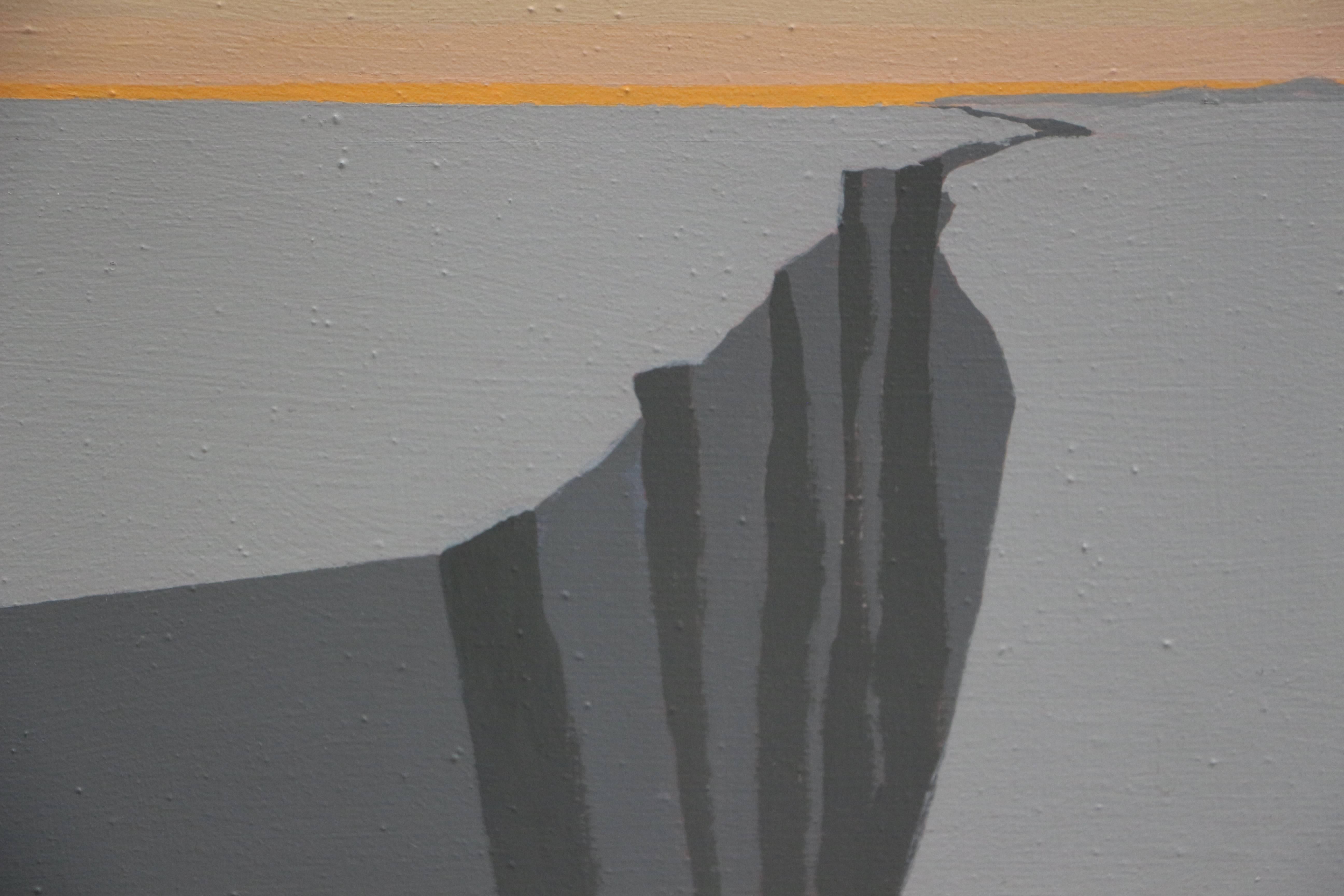 Untitled (Cleft), abstract landscape of cleft with orange sky and grey ground  - Abstract Painting by Helen Lundeberg