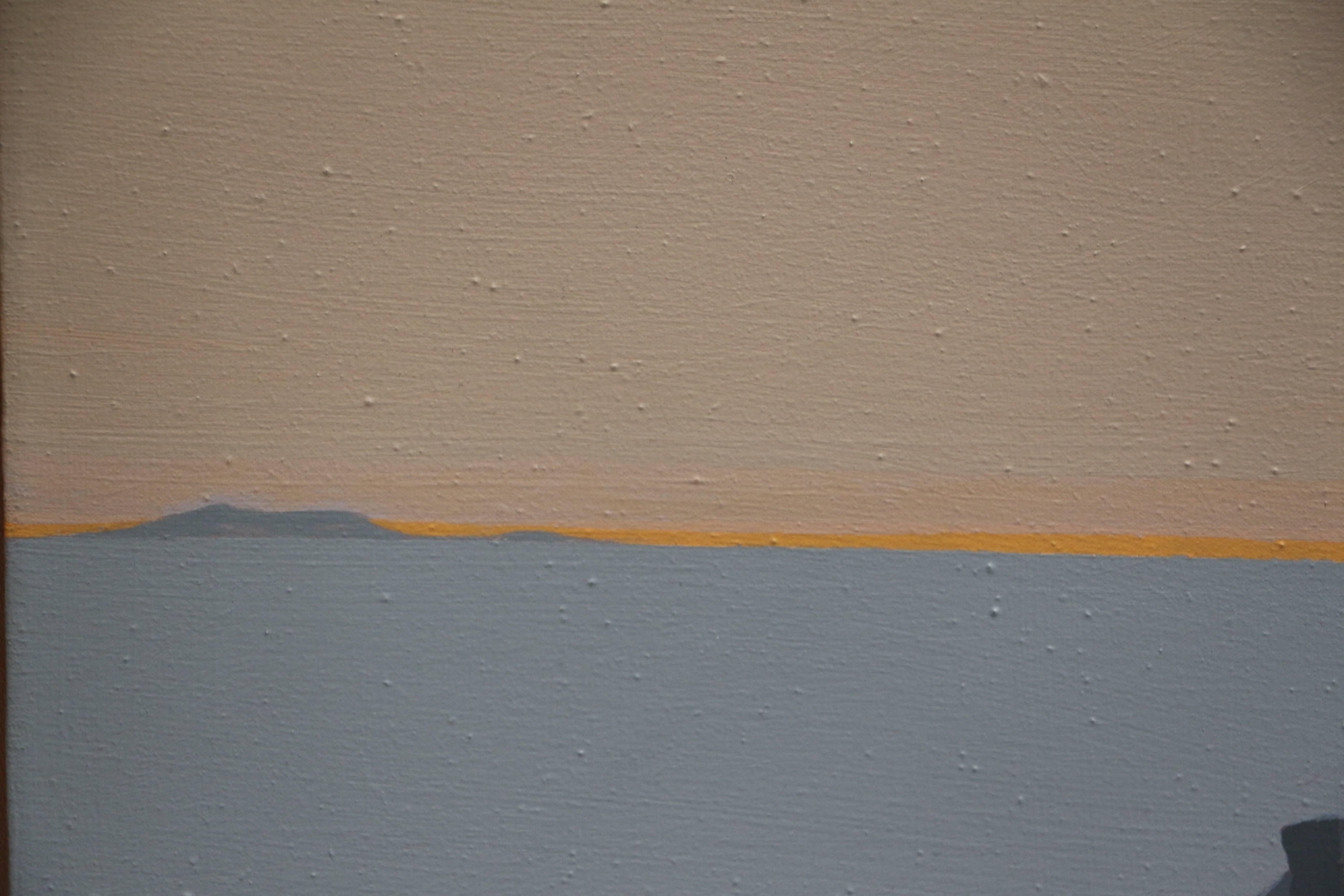 Untitled (Cleft), abstract landscape of cleft with orange sky and grey ground  - Gray Abstract Painting by Helen Lundeberg