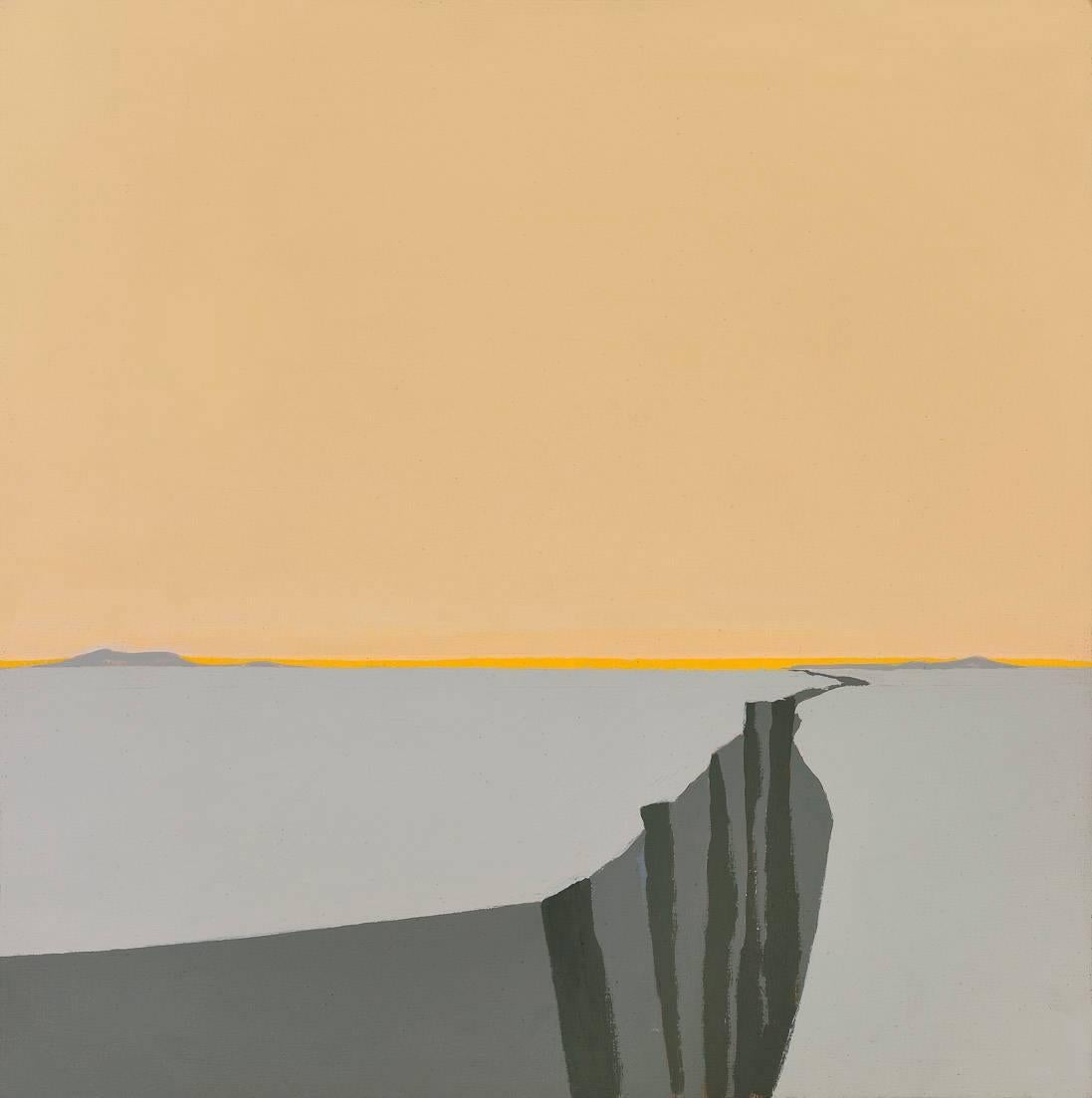 Helen Lundeberg Abstract Painting - Untitled (Cleft), abstract landscape of cleft with orange sky and grey ground 