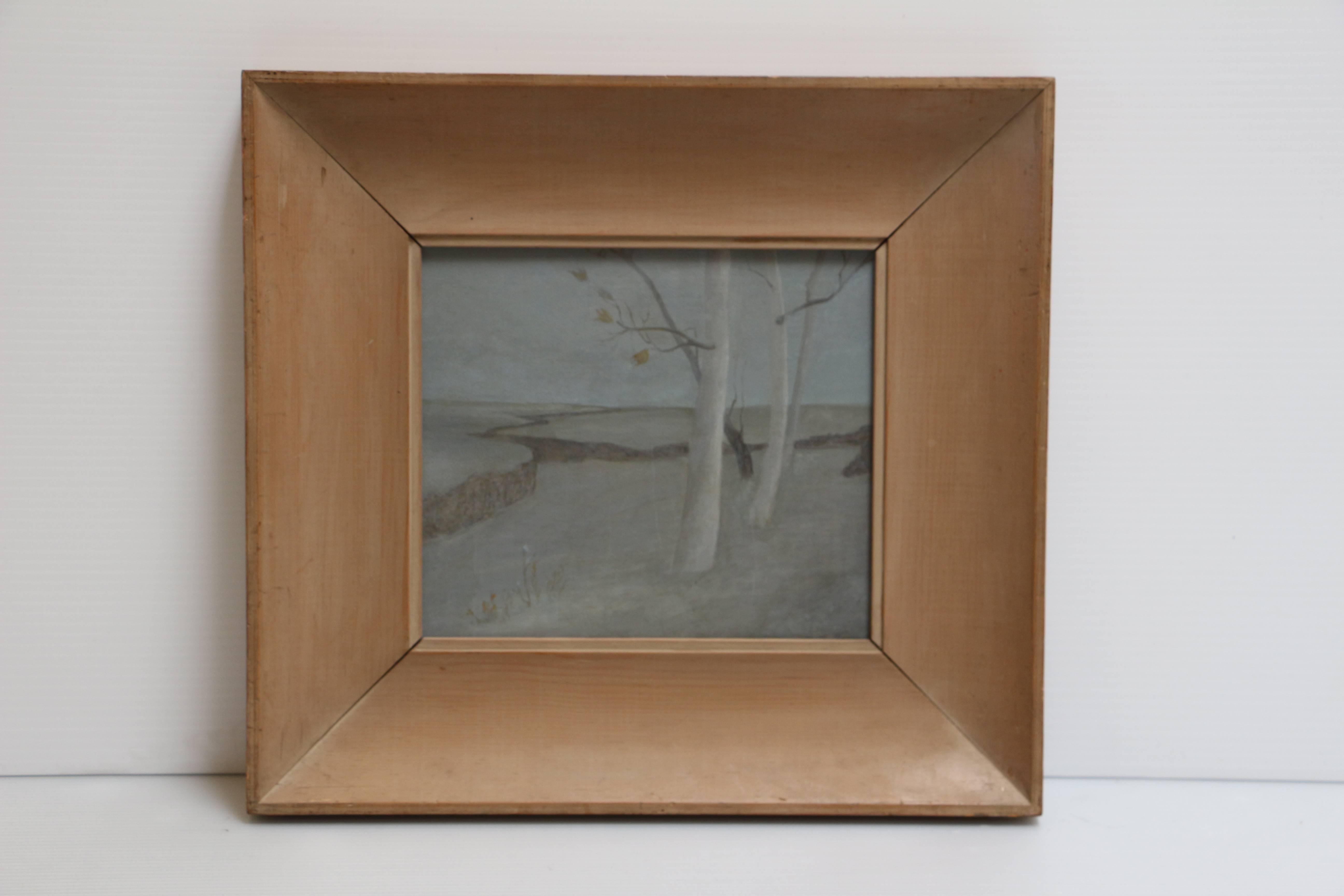 White Trees, small oil painting of white trees and a barren landscape  - Painting by Helen Lundeberg