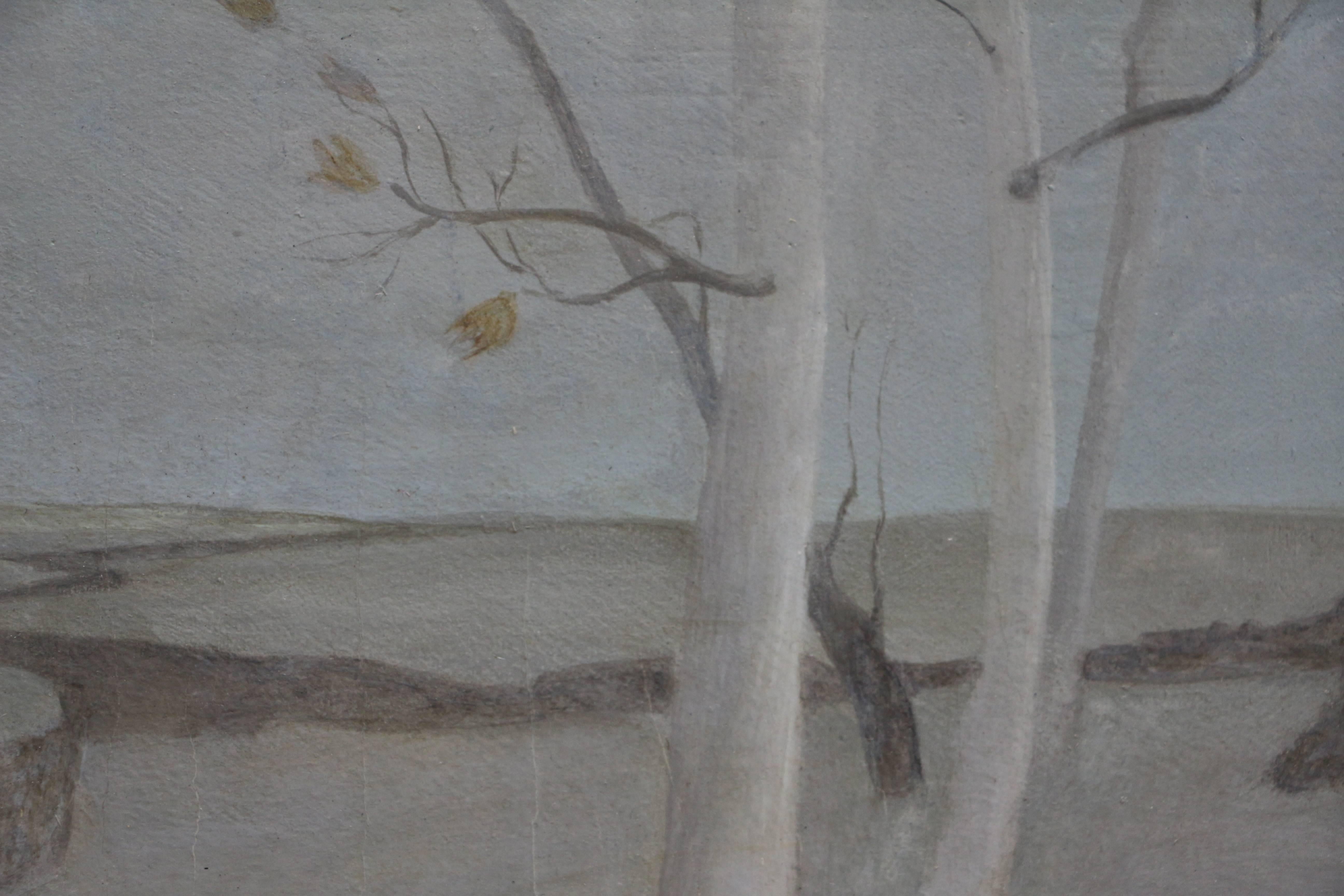 White Trees, small oil painting of white trees and a barren landscape  - Gray Landscape Painting by Helen Lundeberg