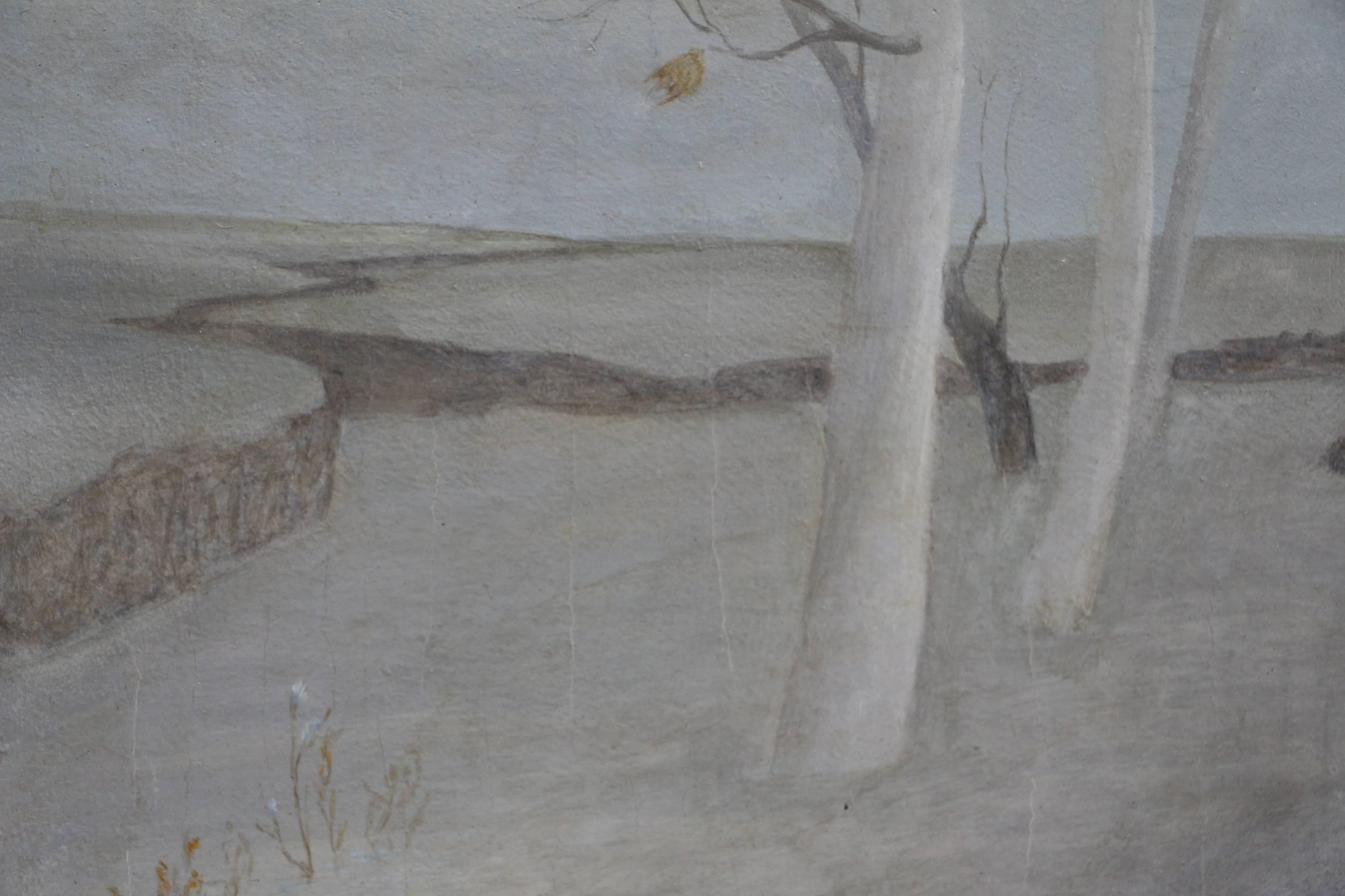 This oil painting depicts the trunks of three barren white trees with one smaller dark tree diagonally pointing out from behind. The trees are barren and have few leaves, with a desolate and cracked grey background. 

In 1934, Helen Lundeberg