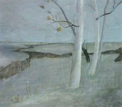 White Trees, small oil painting of white trees and a barren landscape 