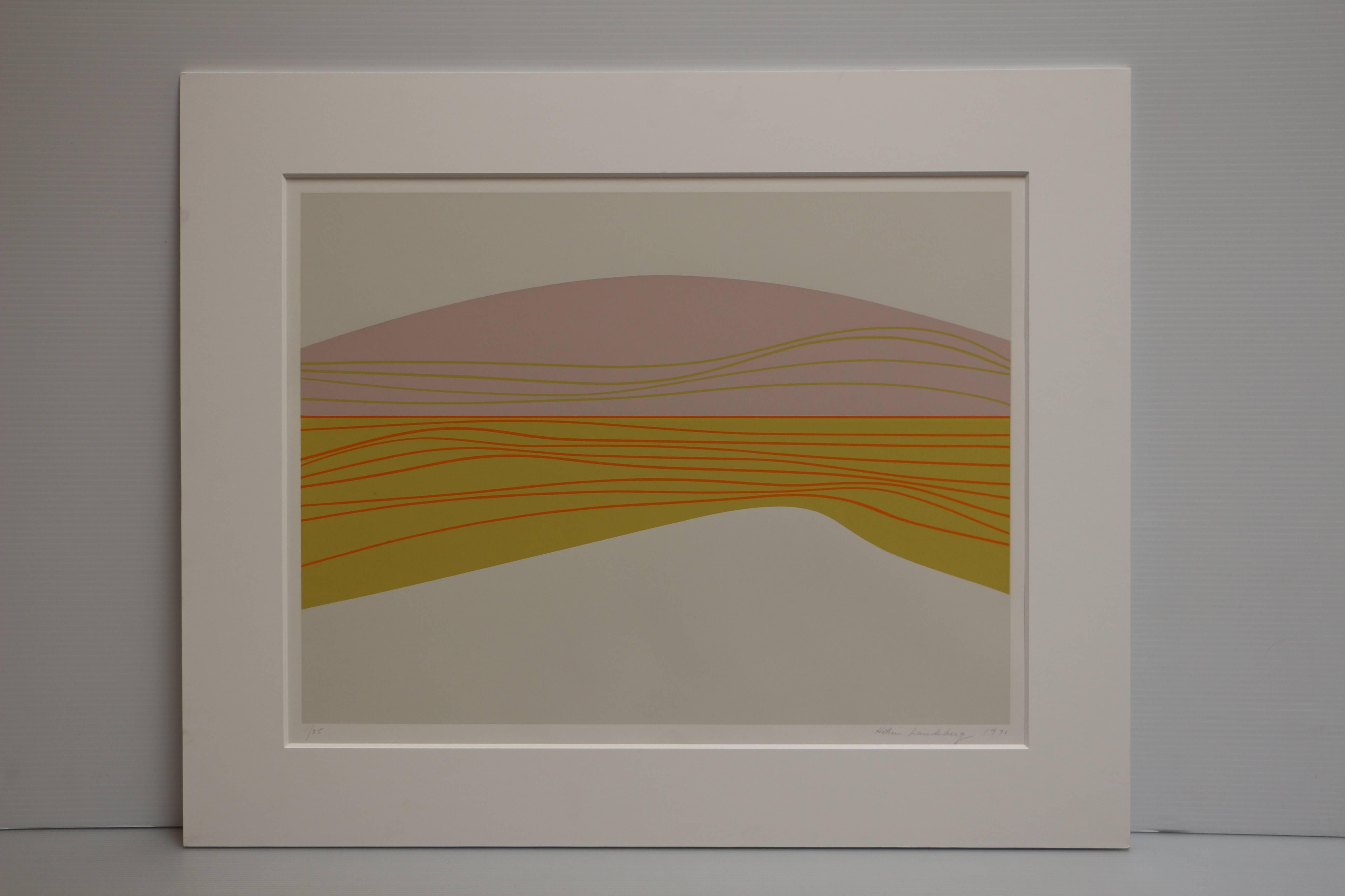 Landscape, yellow, pink and orange serigraph of abstract landscape  - Print by Helen Lundeberg