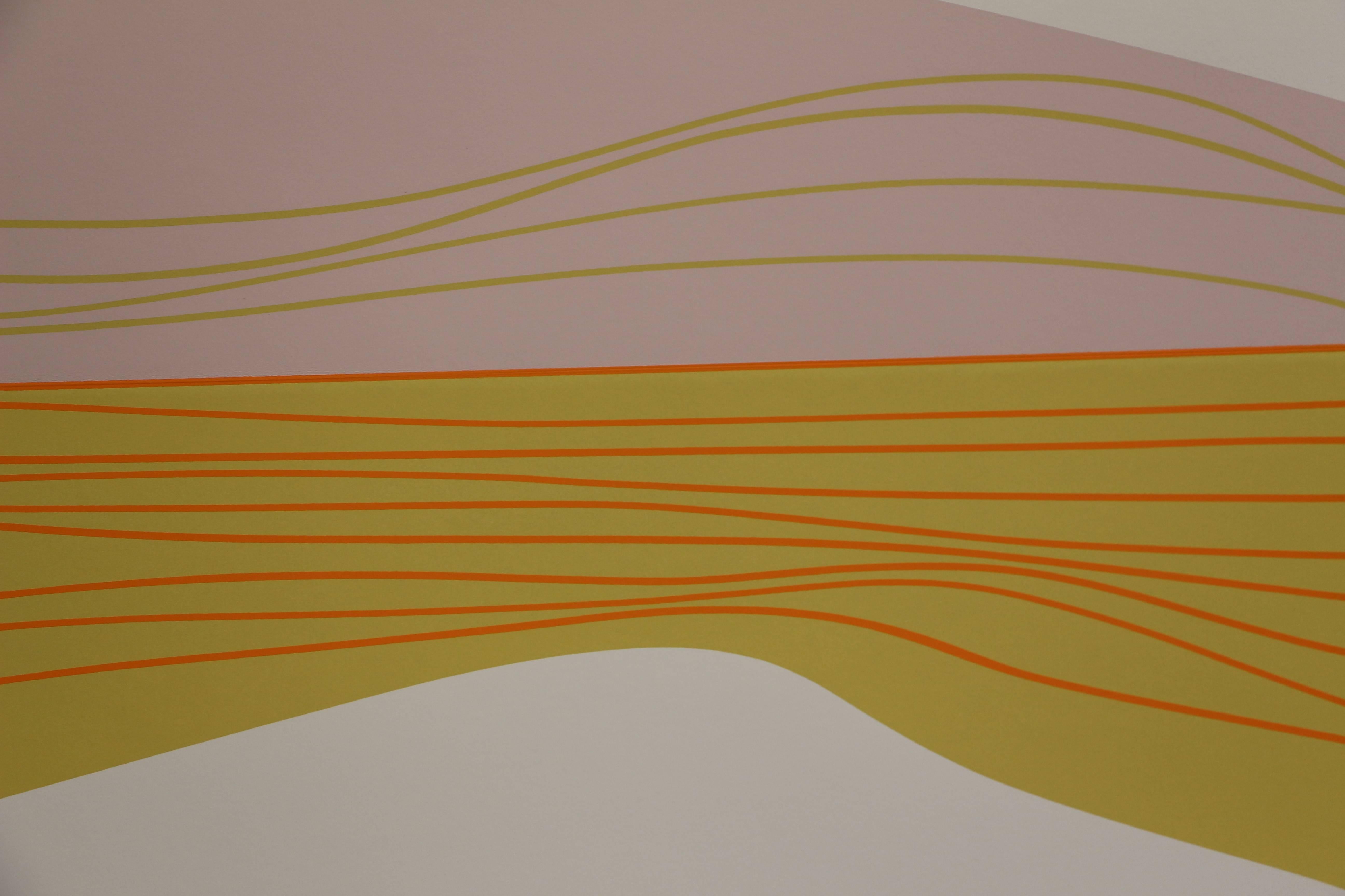 This serigraph is the first edition of a set of only 25 prints and it uses pink, yellow and orange colors in a swooping arc with smaller lines. As one of Lundeberg's later works, it flits between abstraction and figuration and has an emotional