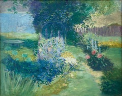 "Flower Garden by the Water" 20th Century Impressionist Oil Painting on Canvas
