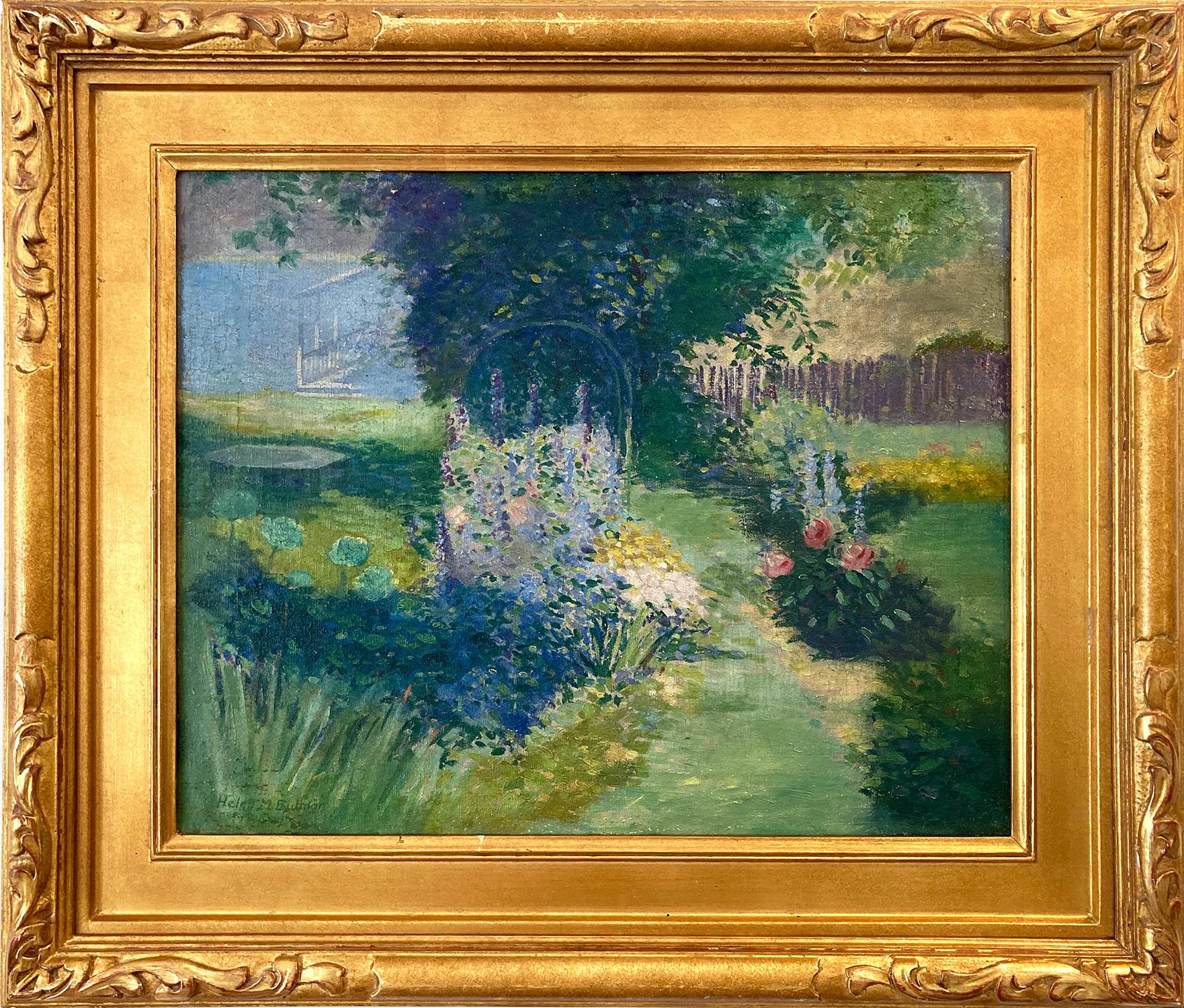 Helen M Butman Landscape Painting - "Flower Garden by the Water" 20th Century Impressionist Oil Painting on Canvas