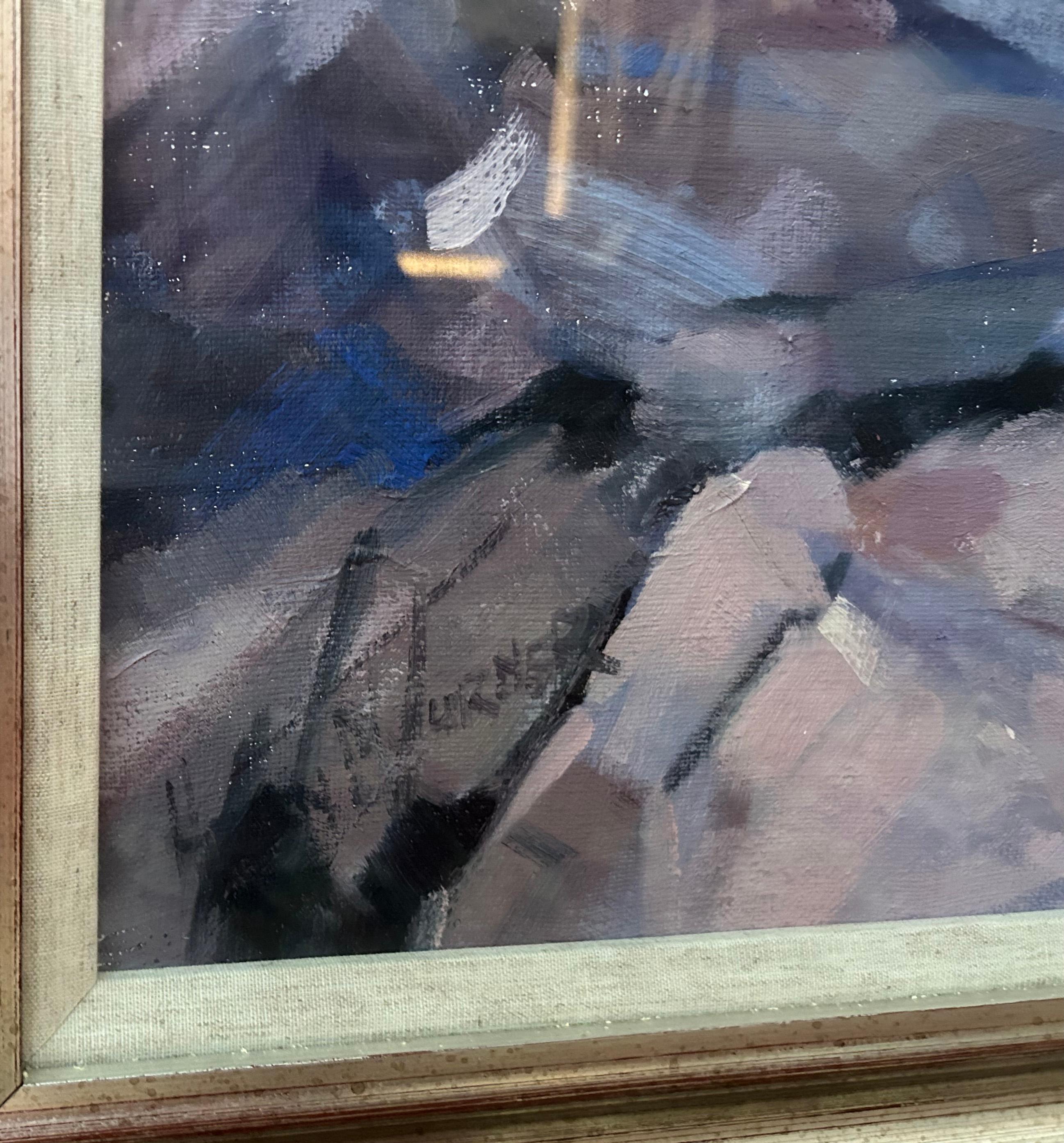 'Sandaig' is a contemporary landscape by Helen M. Turner, of  the bright and peaceful coast of Sandaig Bay in western Scotland.  Western Scotland with white sandy beaches has been a favorite artist location for centuries. Remote, with pure light,