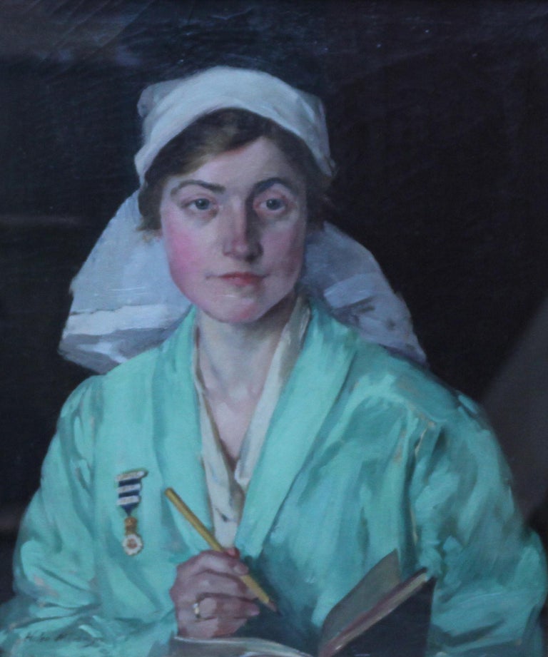 Portrait of a Nurse - Scottish art 1918 oil painting female artist NHS - Painting by Helen Margaret MacKenzie