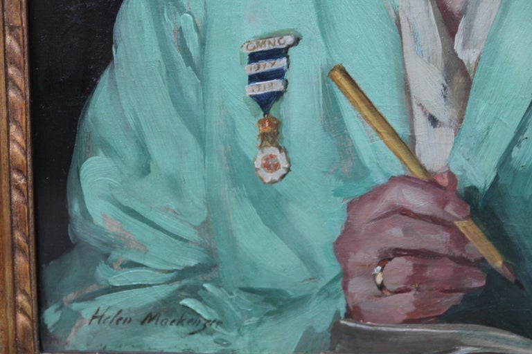 This charming  portrait oil painting  is by famous exhibited Scottish female artist Helen MacKenzie. This realist portrait is of Dorothy Hewins, a nurse, circa 1918. She is poised with pen and notebook in hand, wearing her green uniform and nurses