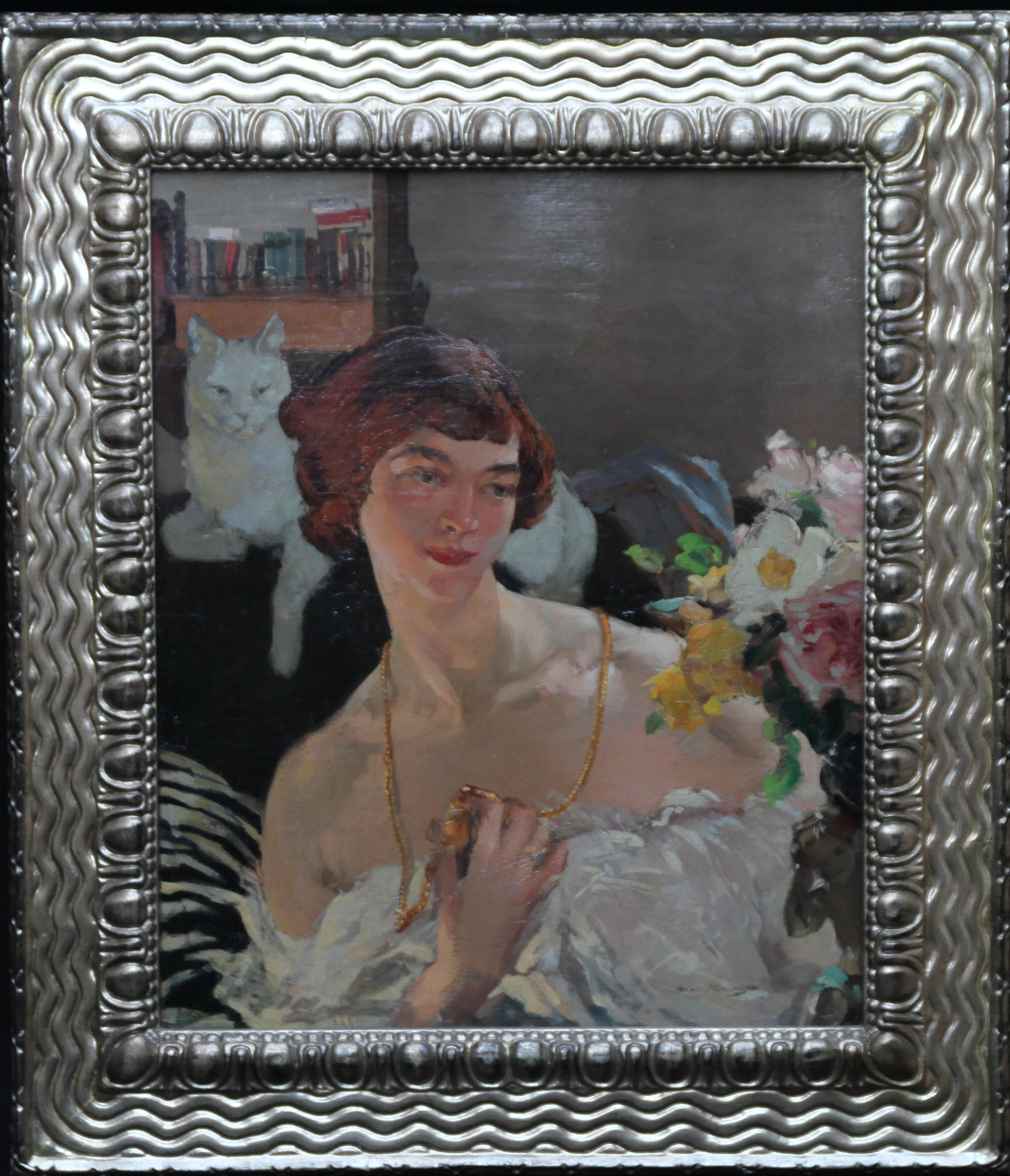 Self Portrait with Cat - Scottish 1920's Art Deco Oil Painting female artist  For Sale 5