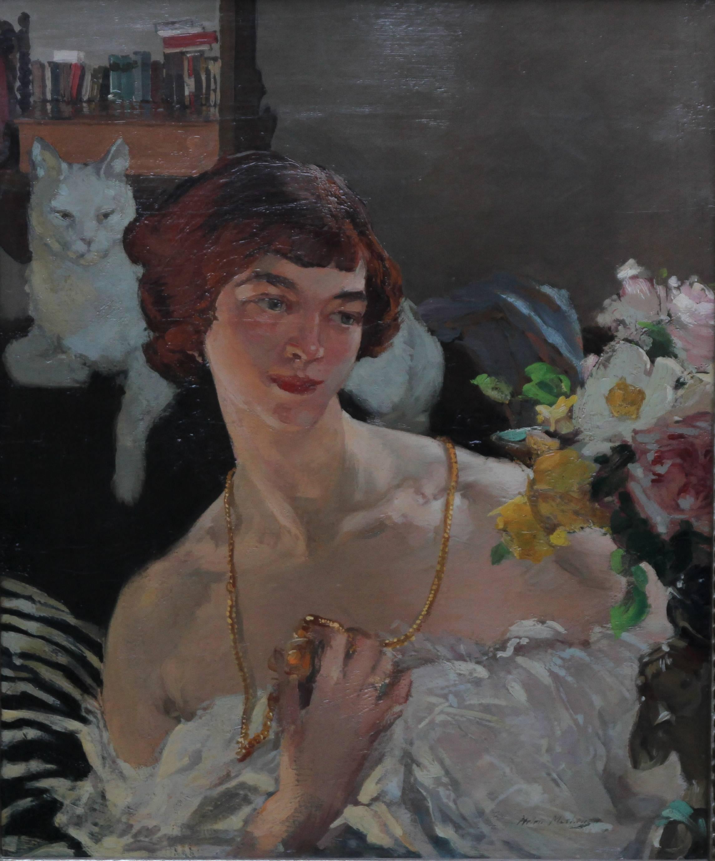 Autorretrato con gato - Pintura al óleo Art Decó escocesa de 1920 artista femenina - Painting de Helen Margaret MacKenzie