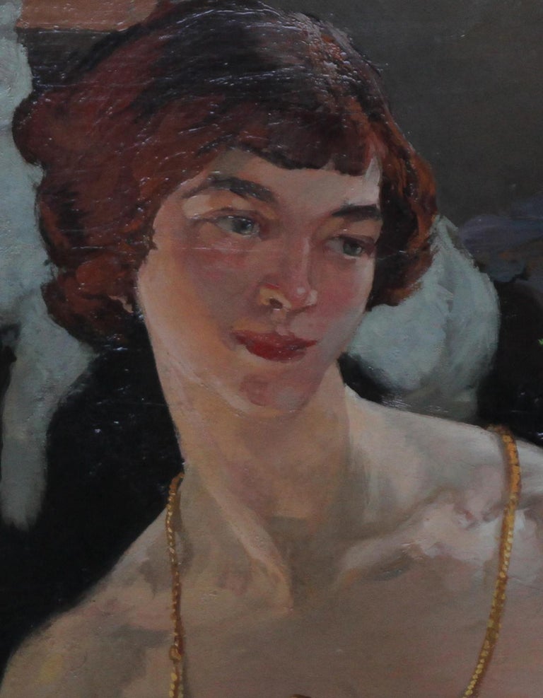 Self Portrait with Cat - Scottish 1920's Art Deco Oil Painting female artist  For Sale 1