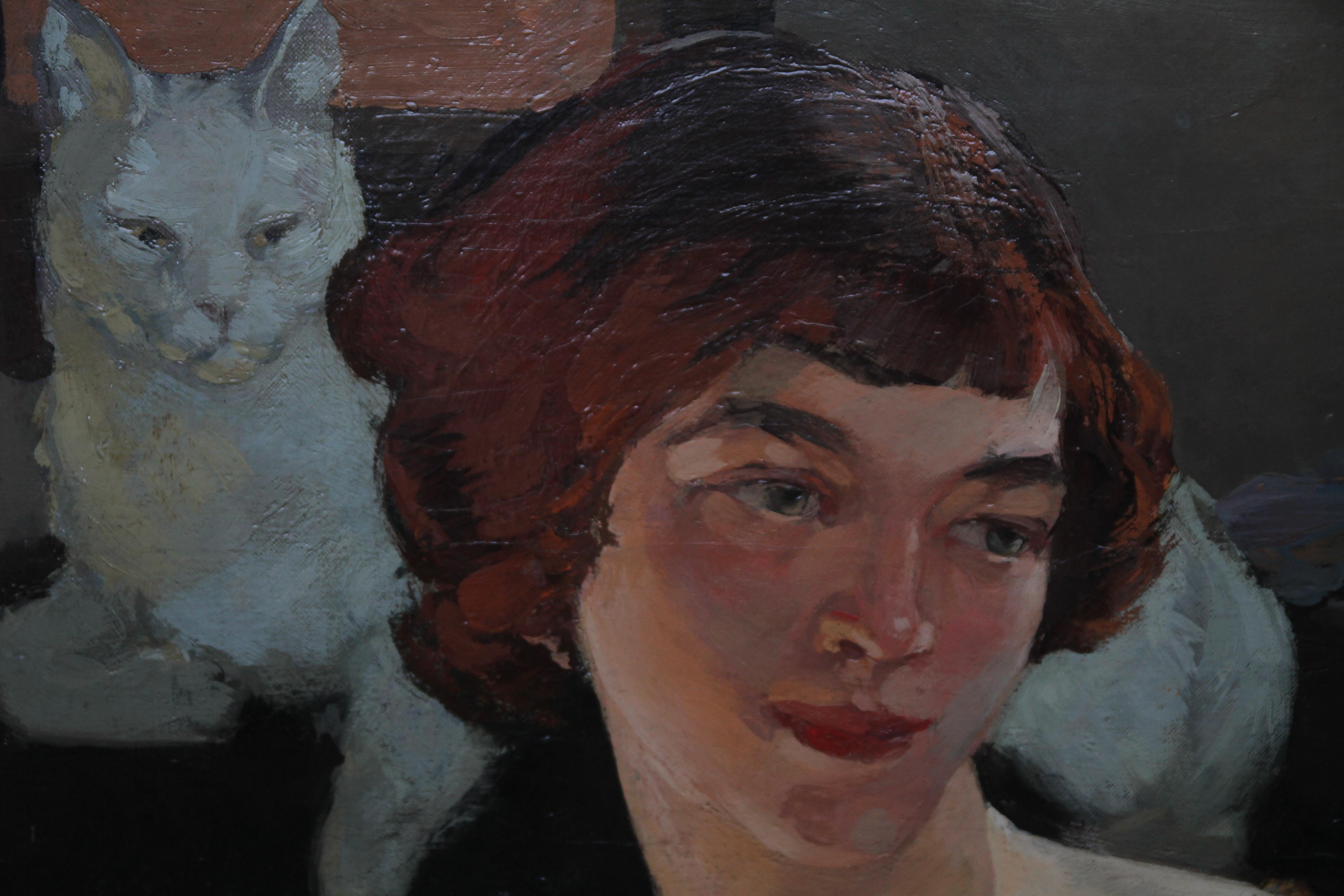 Autorretrato con gato - Pintura al óleo Art Decó escocesa de 1920 artista femenina en venta 1