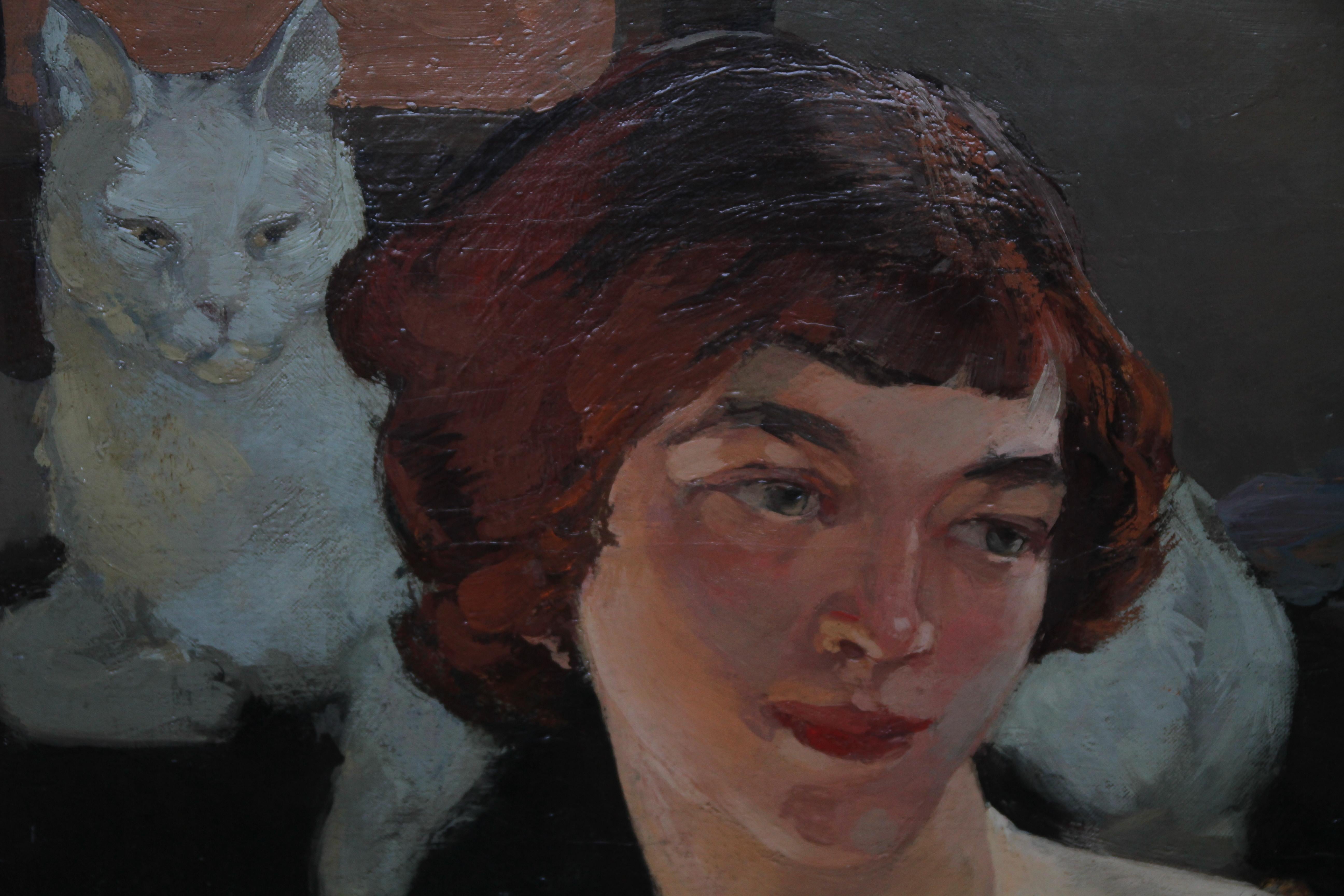 Selbstporträt mit Katze – schottisches Art-déco-Ölgemälde einer Künstlerin aus den 1920er Jahren  (Art déco), Painting, von Helen Margaret MacKenzie