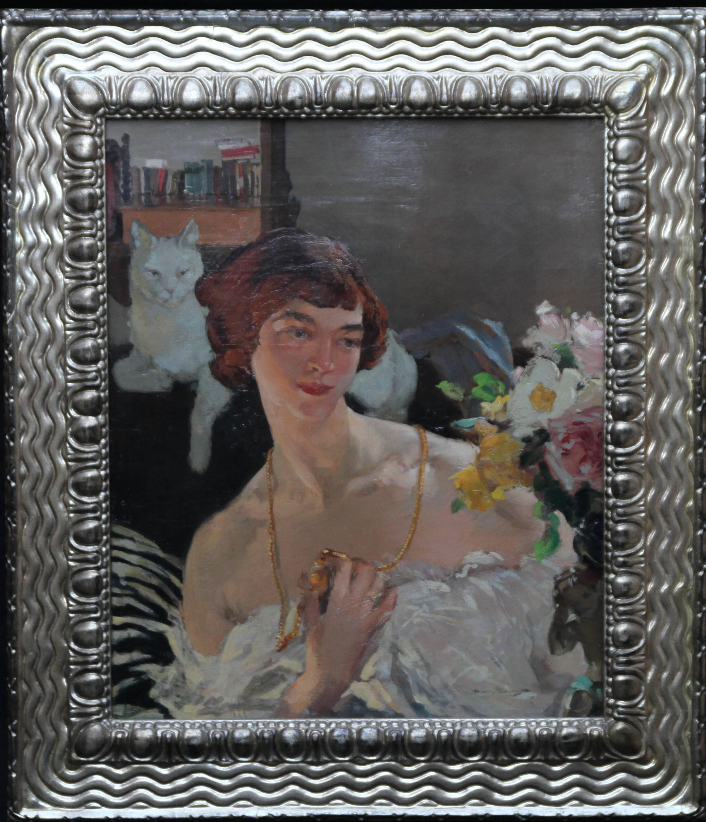 Helen Margaret MacKenzie Animal Painting – Selbstporträt mit Katze – schottisches Art-déco-Ölgemälde einer Künstlerin aus den 1920er Jahren 