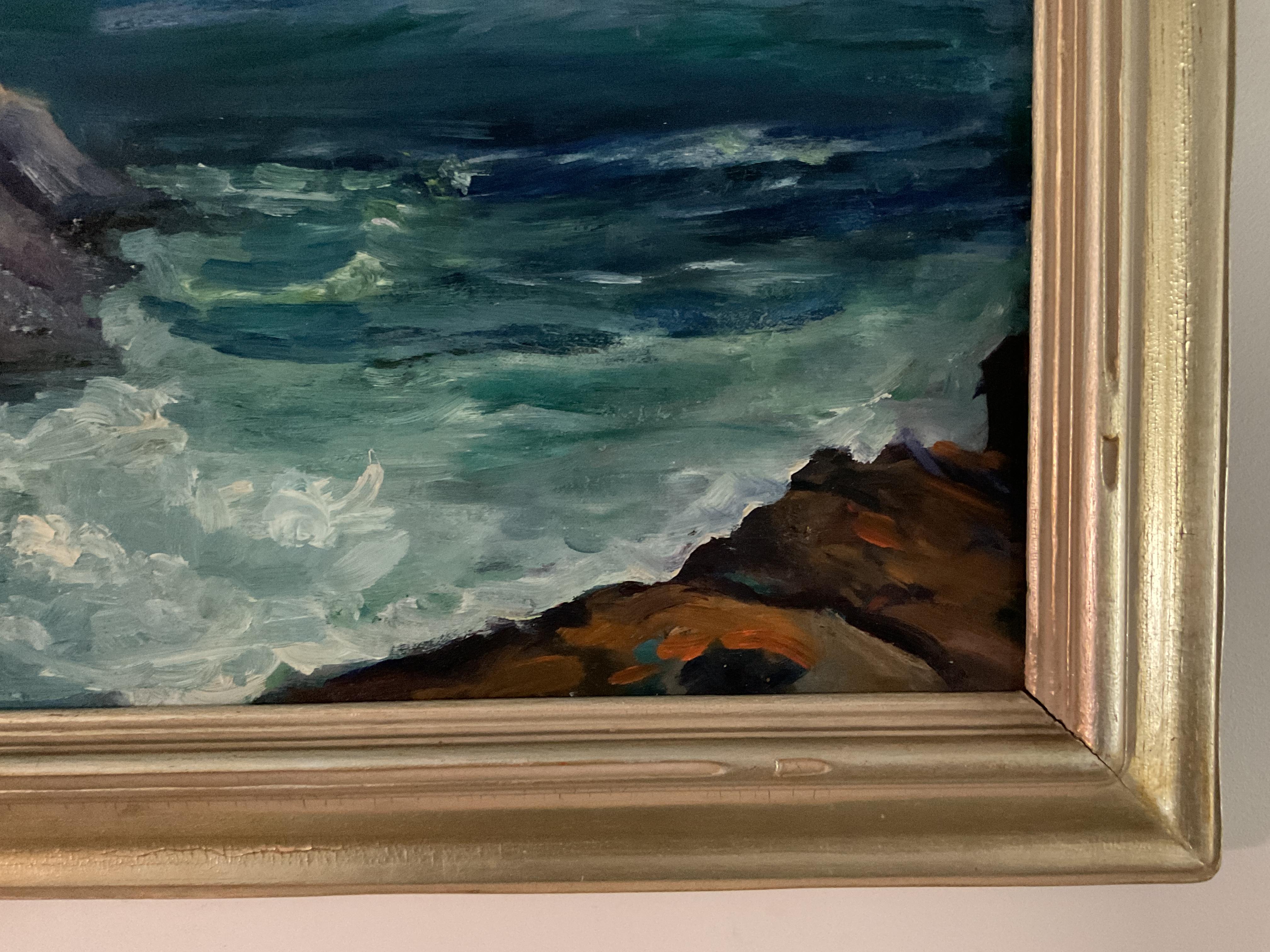 Diese farbenfrohe und kraftvolle Meereslandschaft könnte dazu beitragen, Ihre Wände und Ihr Zimmer aufzuhellen.  Es ist von Bass Rocks in Gloucester Massachusetts.  Die Künstlerin Helen Marie Stockton verwendete kräftige türkise Farben, um die