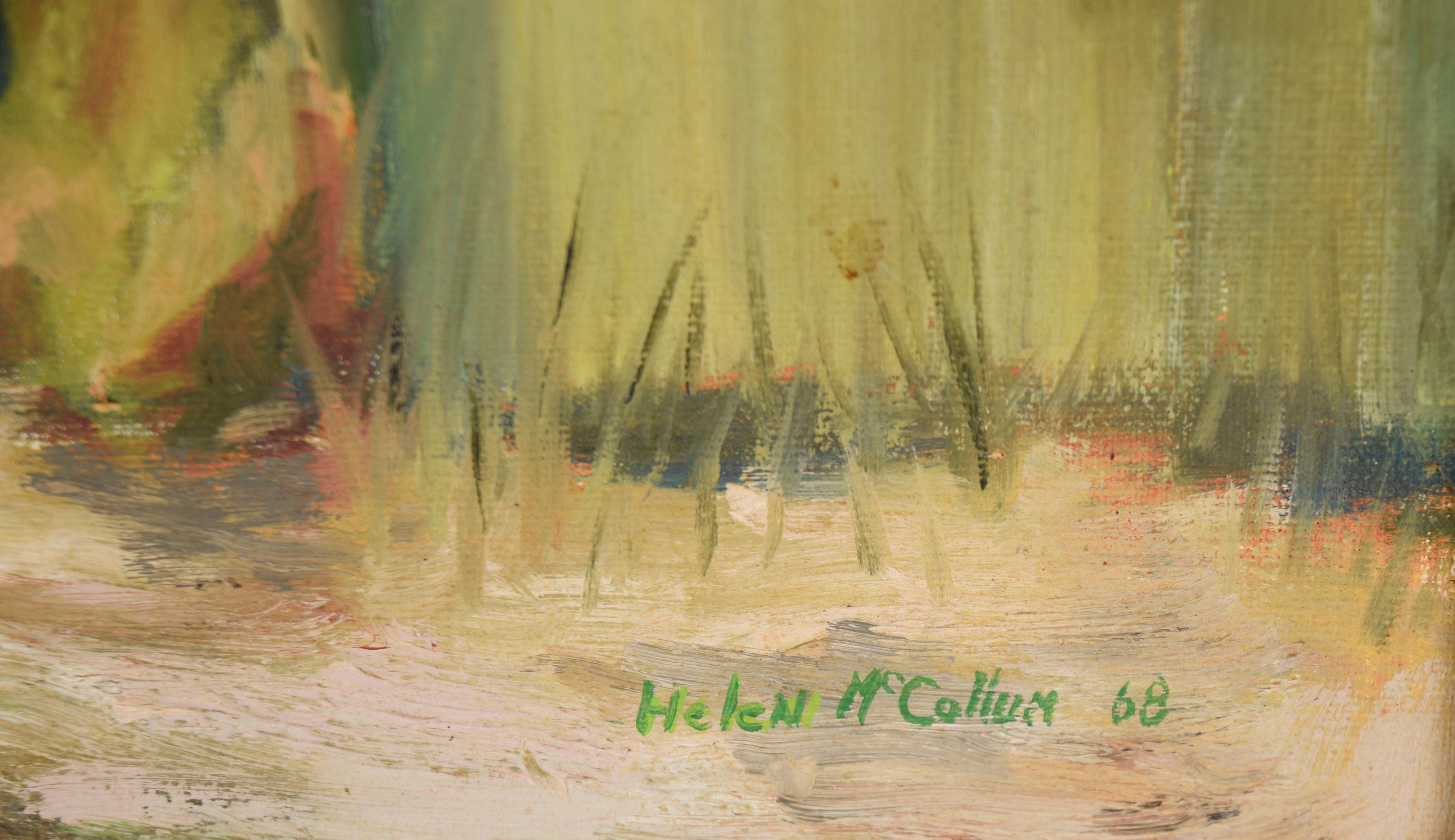 At The Waters Edge - Olio impressionista su tela originale del 1968 - Landscape Painting Marrone di Helen McCollum