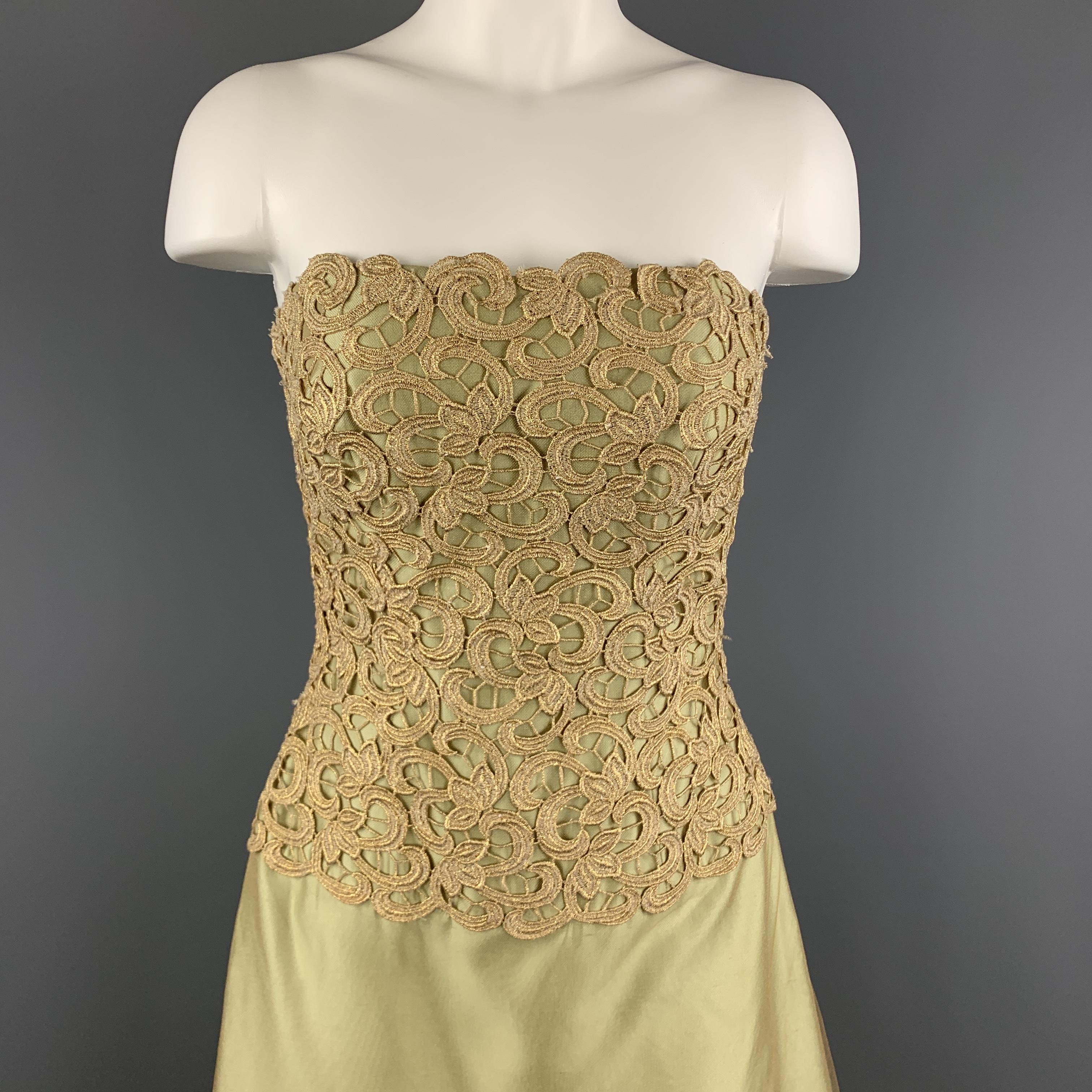 Beige HELEN MORLEY Size 2 Light Green Tulle Overlay Gold Lace Strapless Gown