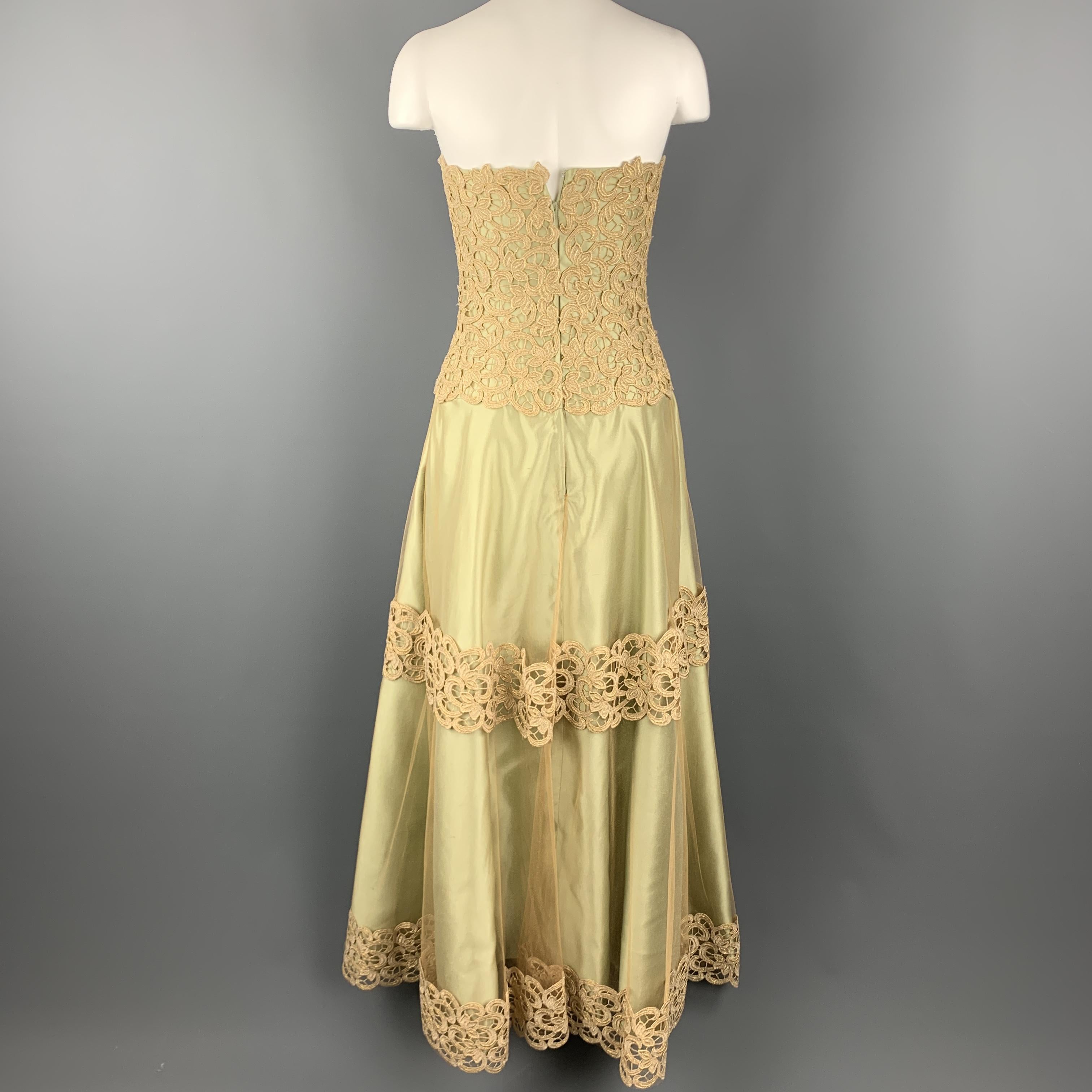 HELEN MORLEY Size 2 Light Green Tulle Overlay Gold Lace Strapless Gown 3
